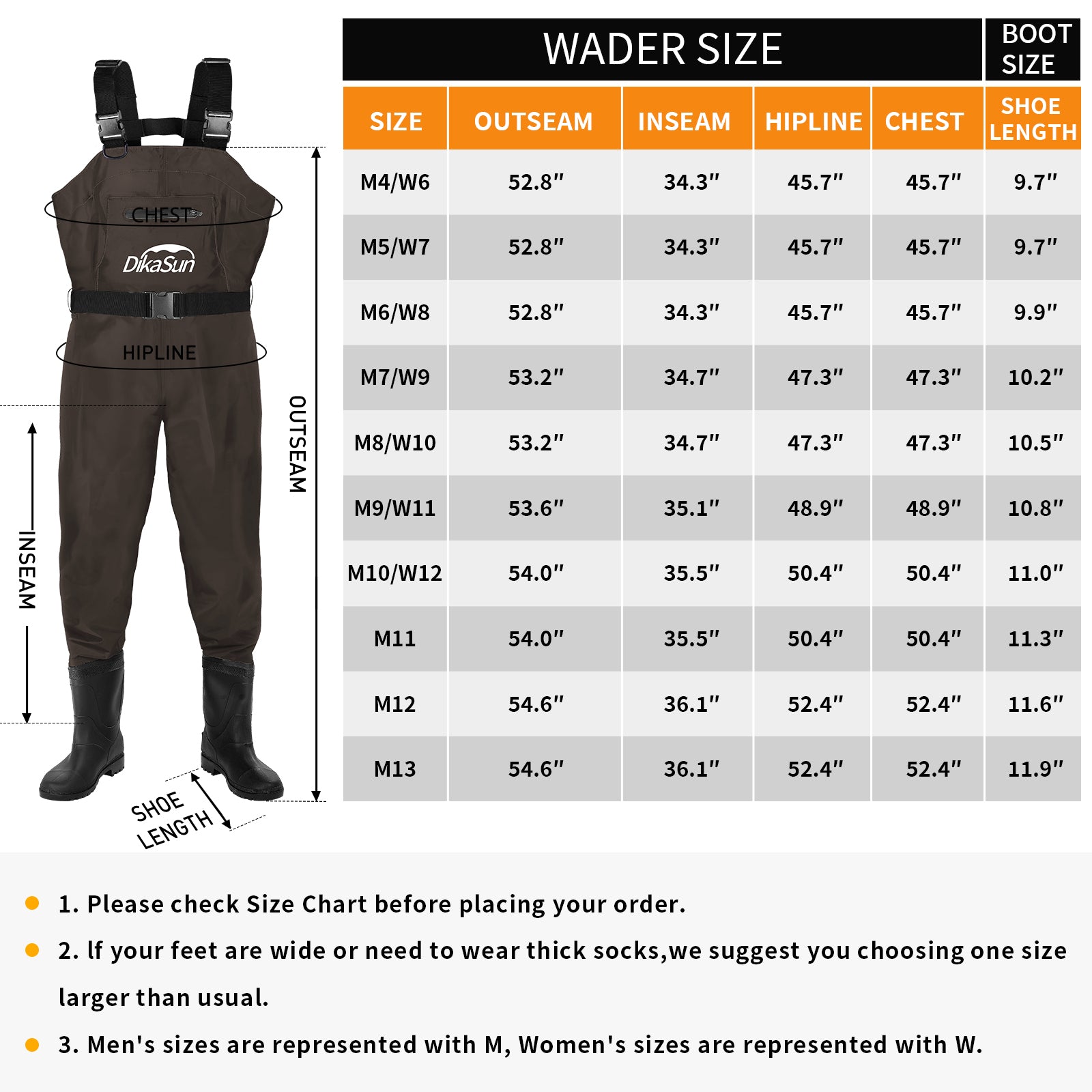 DikaSun Lightweight Bootfoot Chest Waders with Boots | Men & Women Fishing Waders for Duck Hunting & Fly Fishing | Brown