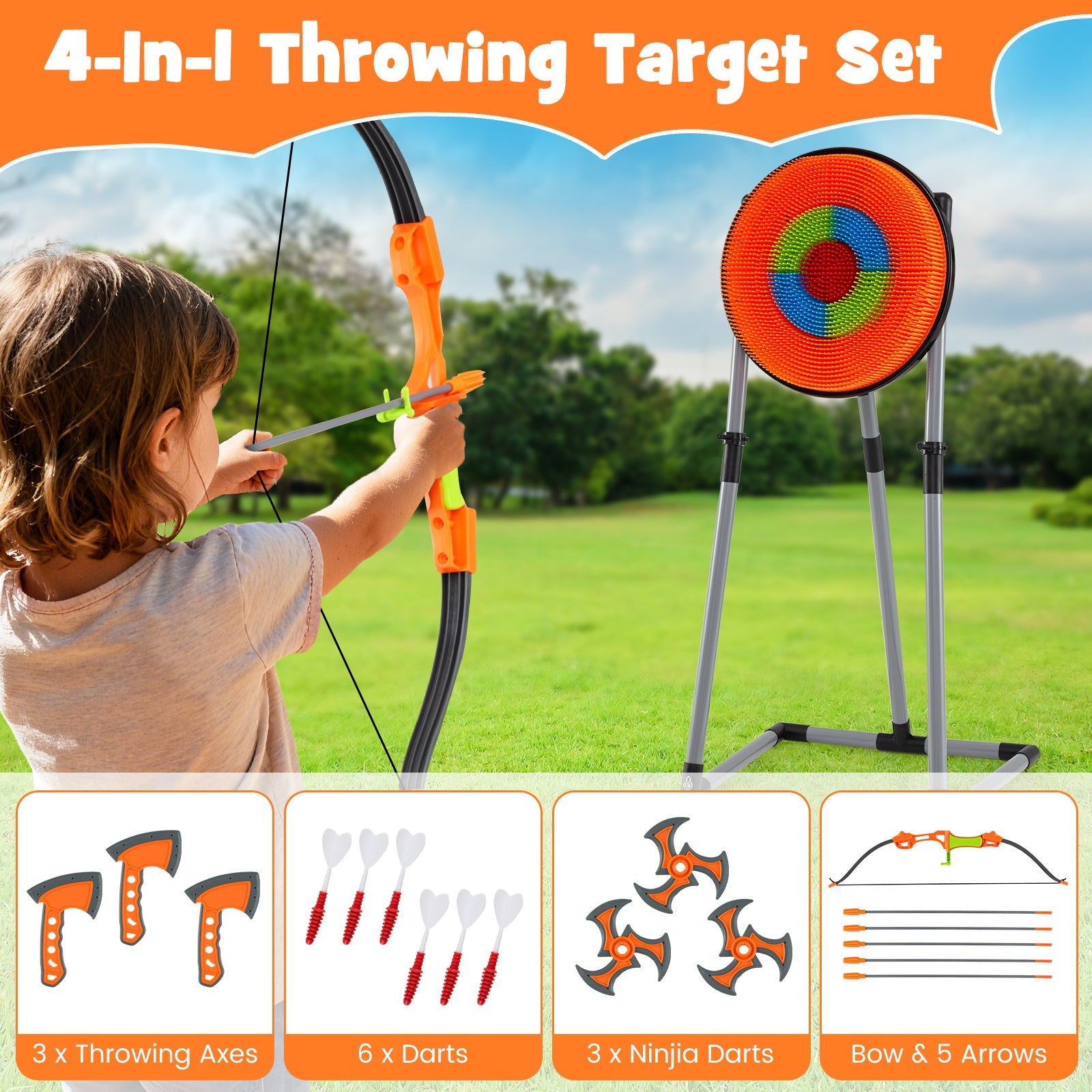 4-in-1 Throwing Target Set with Bristle Target and 3 Throwing Axes