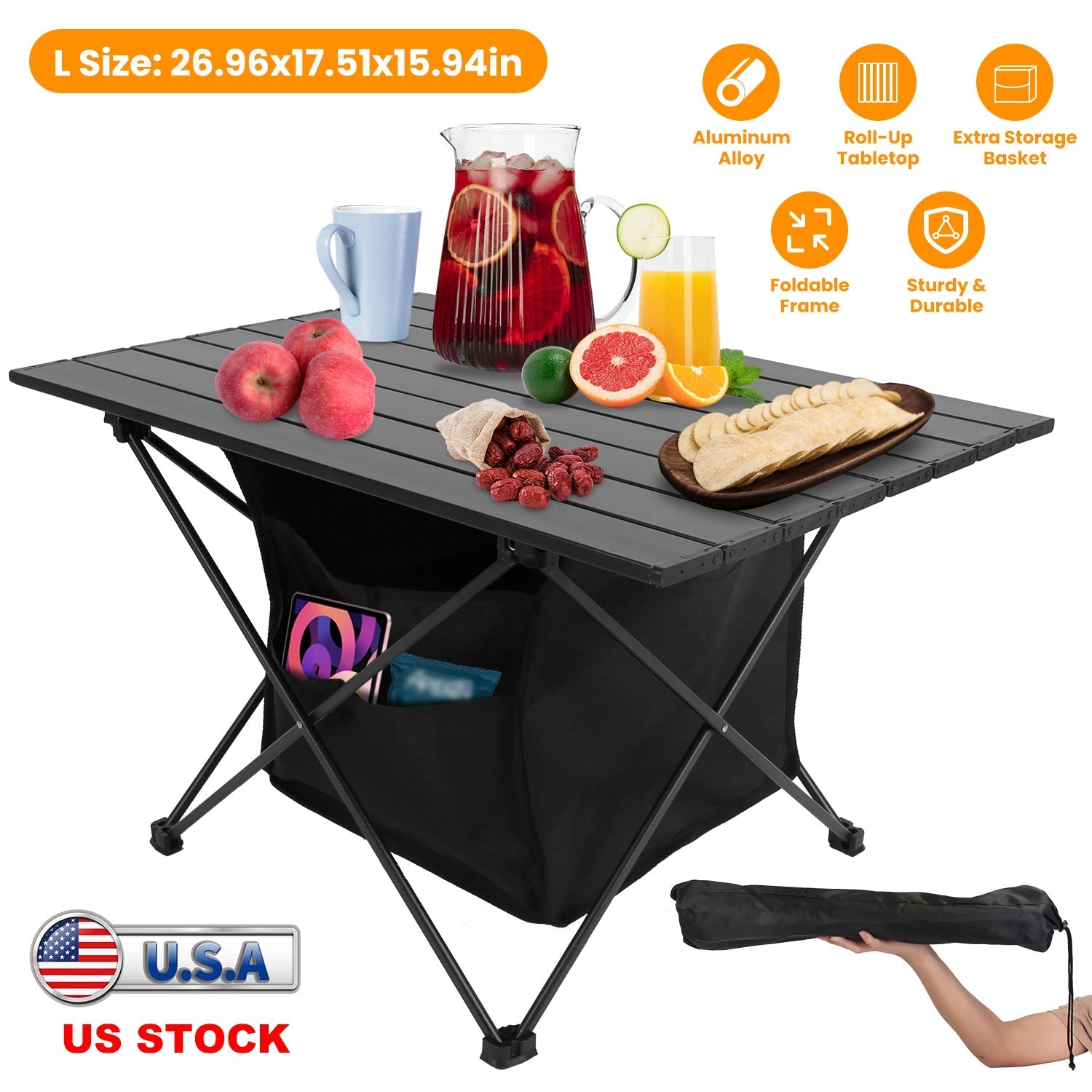 Foldable Camping Table with Storage Basket | Rustproof Aluminum Alloy & Roll-Up