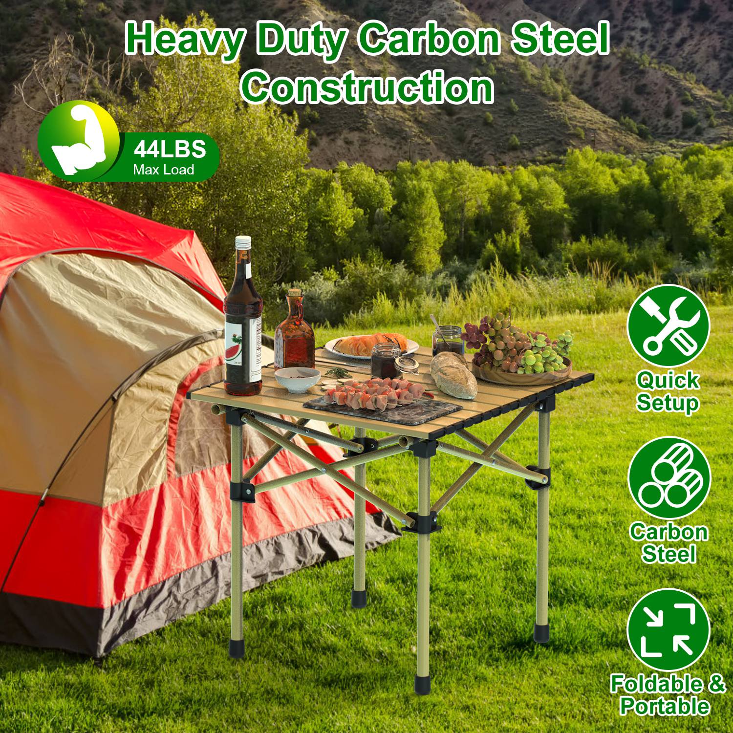 Folding Camping Carbon Steel Roll-Up Picnic & BBQ Table with Carry Bag