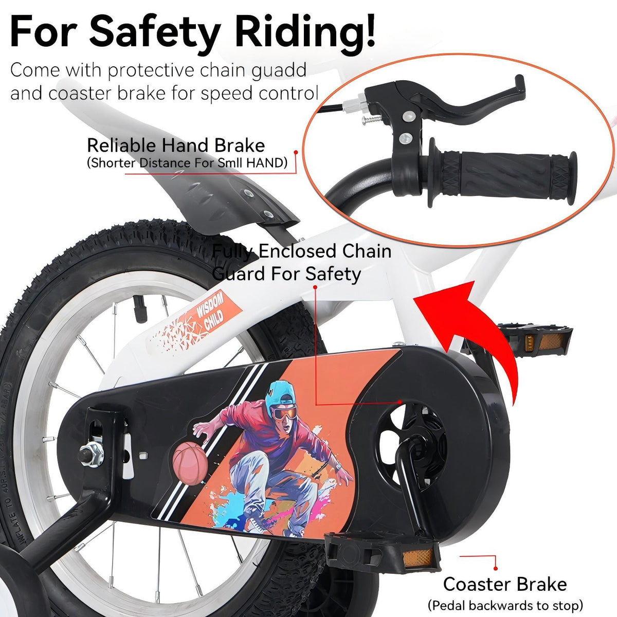 18" Sporty Kids Bike with Training Wheels and Stand Adjustable Saddle | Aged 5-10 Years (Tall Height 39-49")