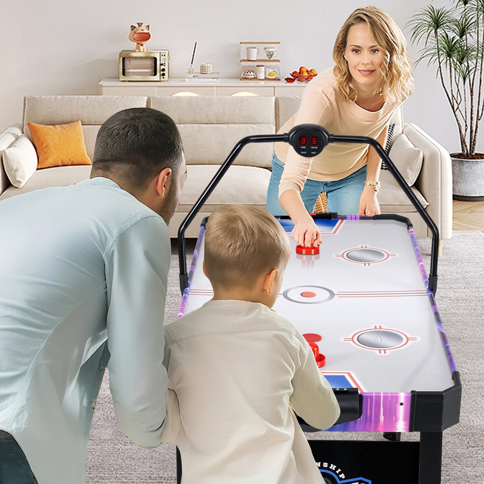 56" Air Hockey Table with LED Digital Scoreboard and Powerful 12V Motor | White