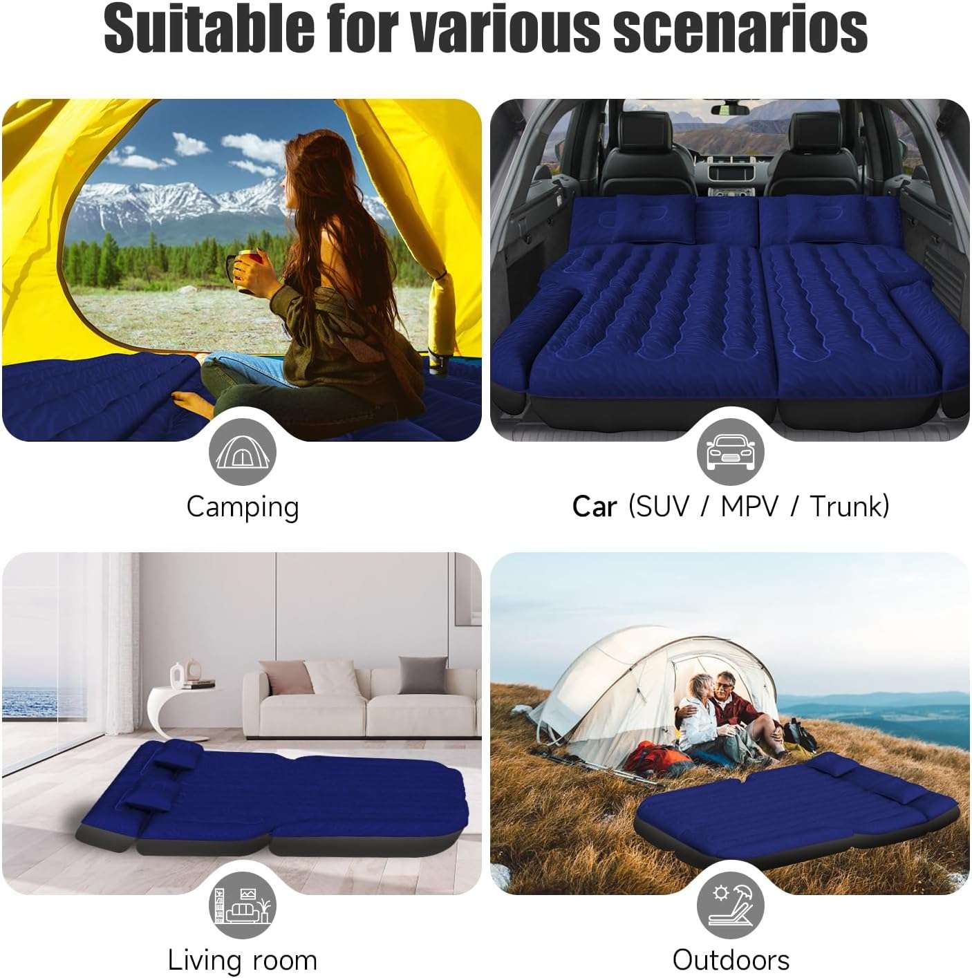 DikaSun Universal SUV Air Mattress | Upgraded Flocking Extra-Thick Oxford Surface with Electric Pump & 3M Charging Cable | Navy