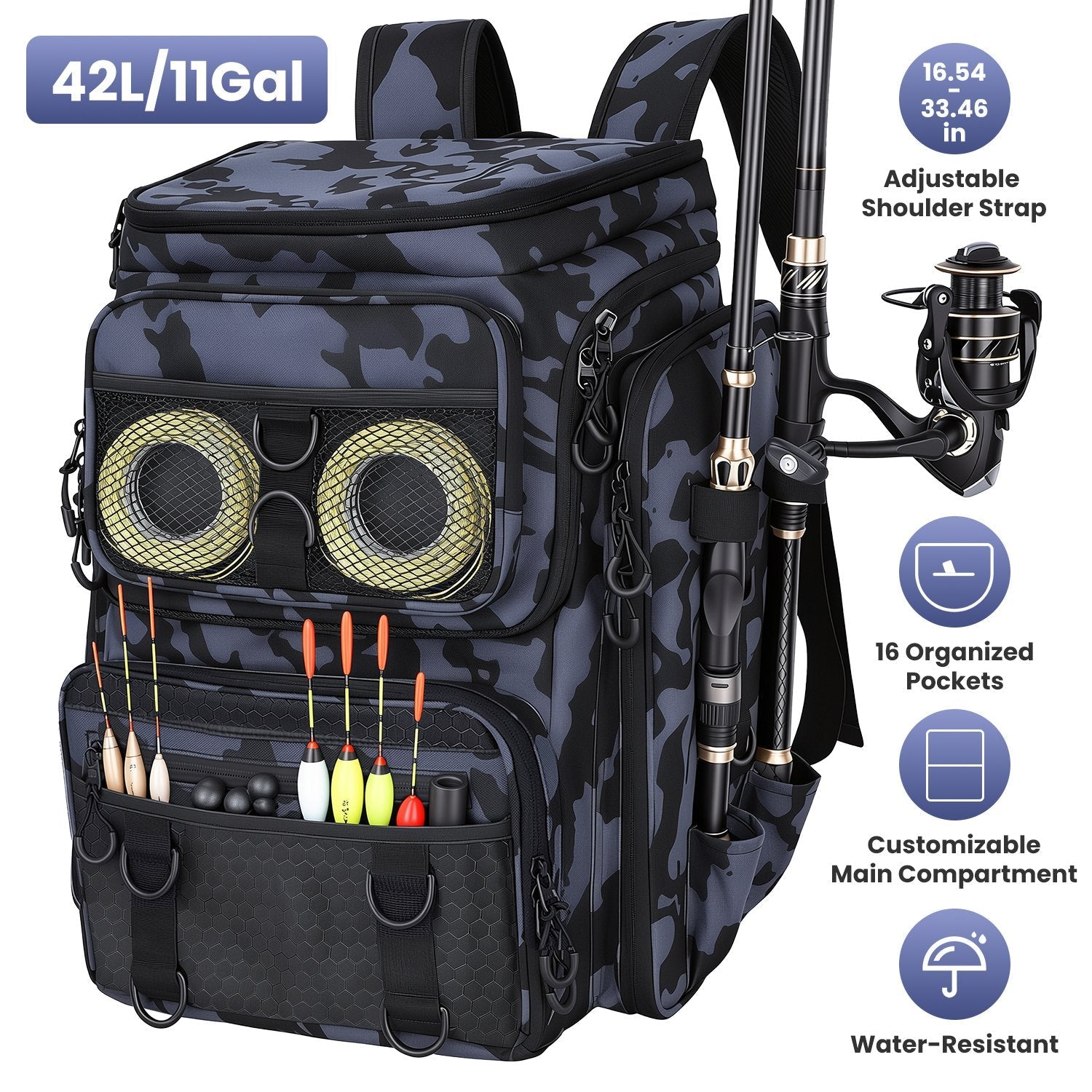 42L/11Gal Fishing Backpack Large Capacity with Rod Holders 16-Pocket WR with Divider Adjustable Padded Straps
