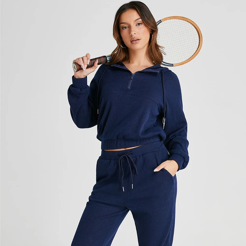 Drawstring Half Zip Hoodie and Joggers Active Set