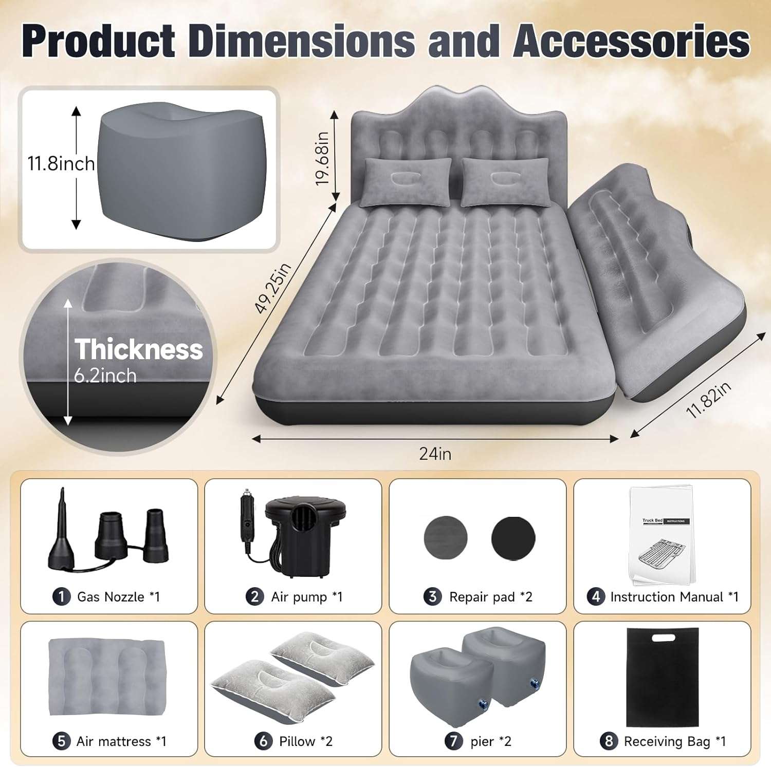 Thicken Backseat SUV/Car/Truck Air Mattress Air Bed Inflatable Mattress 24" Width | Grey