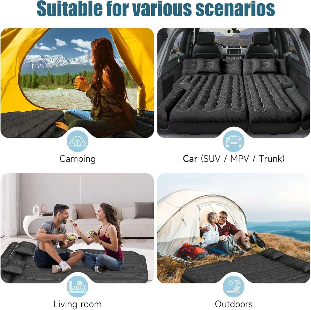 DikaSun 63” Extended SUV Mattress | Quick Inflate, Includes Pump & 2 Pillows | Black