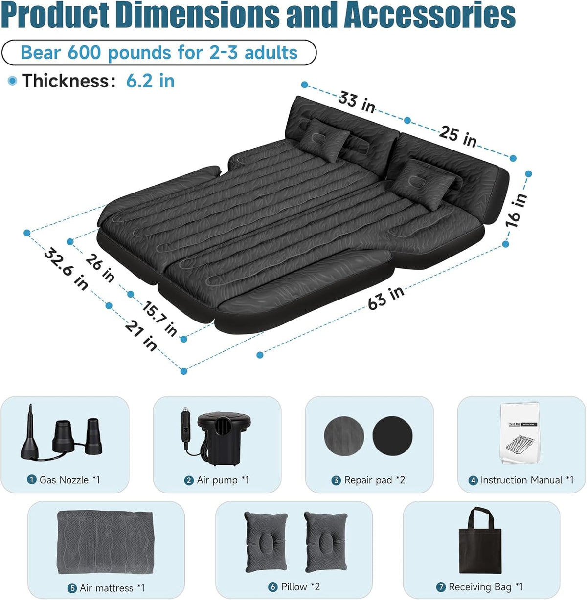 DikaSun 63” Extended SUV Mattress | Quick Inflate, Includes Pump & 2 Pillows | Black