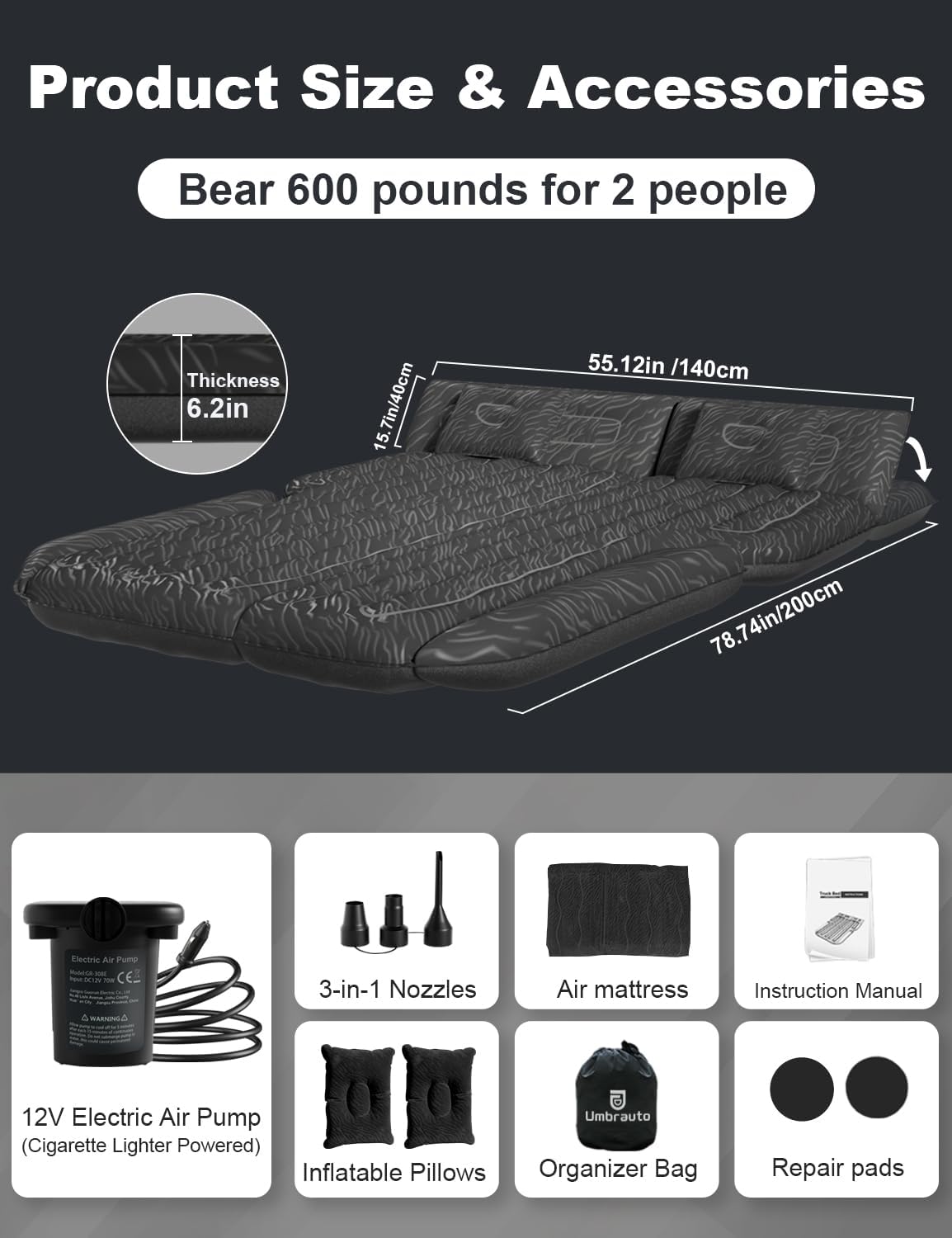 Umbrauto 63” Extended SUV Mattress Quick Inflate | Includes Pump & 2 Pillows | Grey