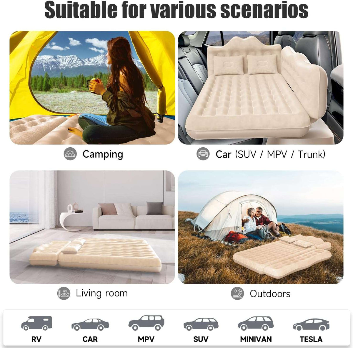 Thicken Backseat SUV/Car/Truck Air Mattress Air Bed Inflatable SUV Truck Mattress | 30.31” Width/Beige