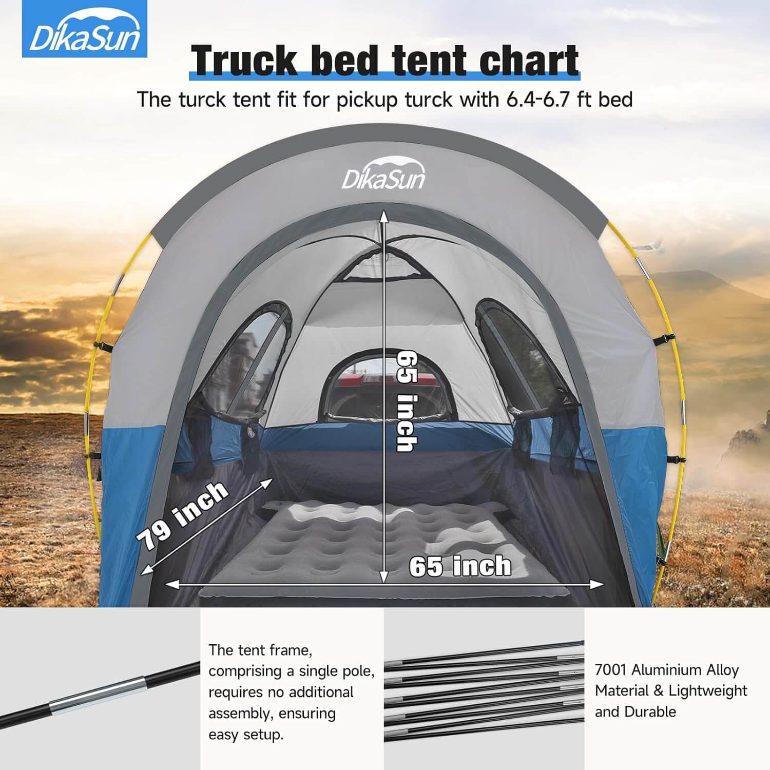 5.5-6.7ft Pickup Truck Bed Tent with Awning | Blue