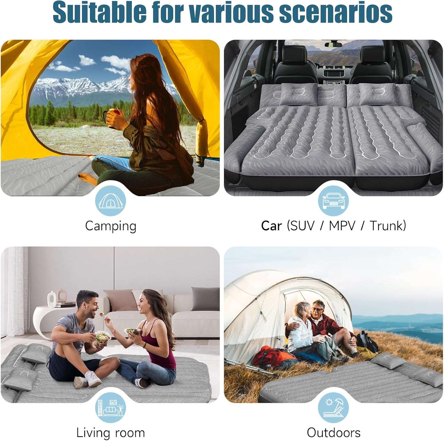 DikaSun 63” Extended SUV Mattress | Quick Inflate, Includes Pump & 2 Pillows | Grey