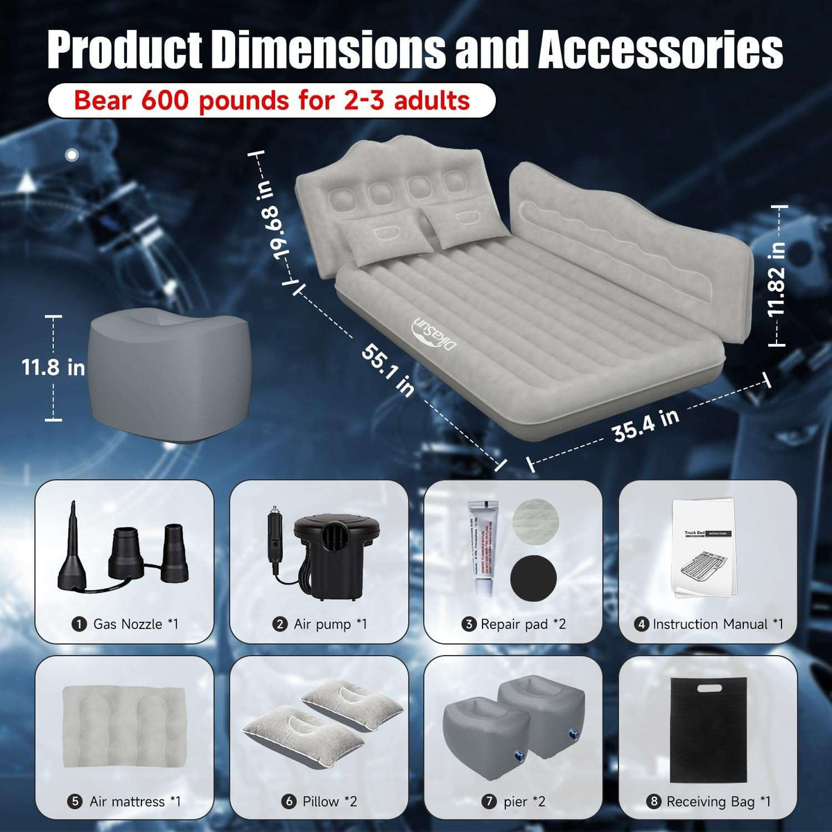 Thicken Backseat SUV/Car/Truck Air Mattress Air Bed Inflatable SUV Truck Mattress | 35.4” Width/Grey