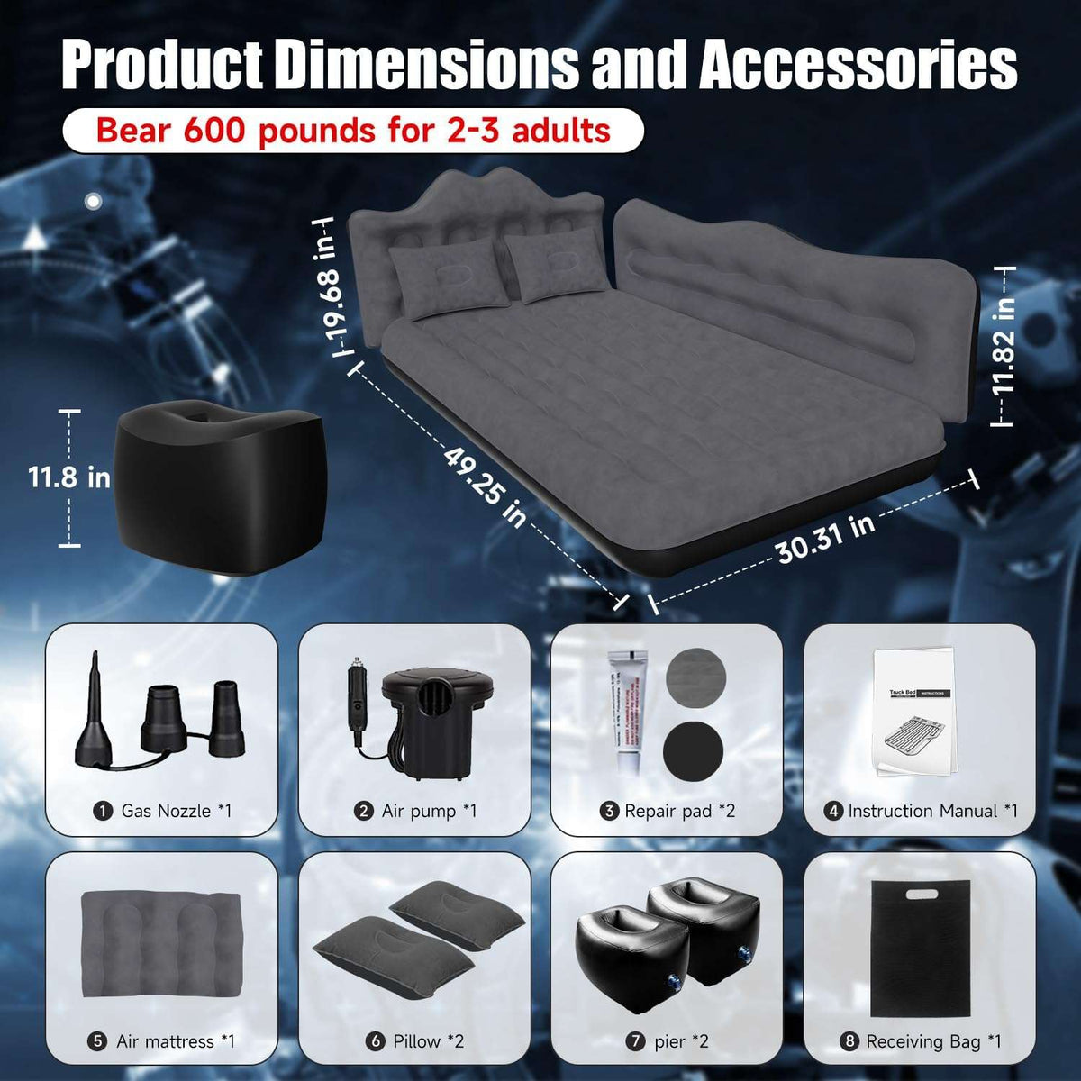Thicken Backseat SUV/Car/Truck Air Mattress Bed | 30.31” Width/Black
