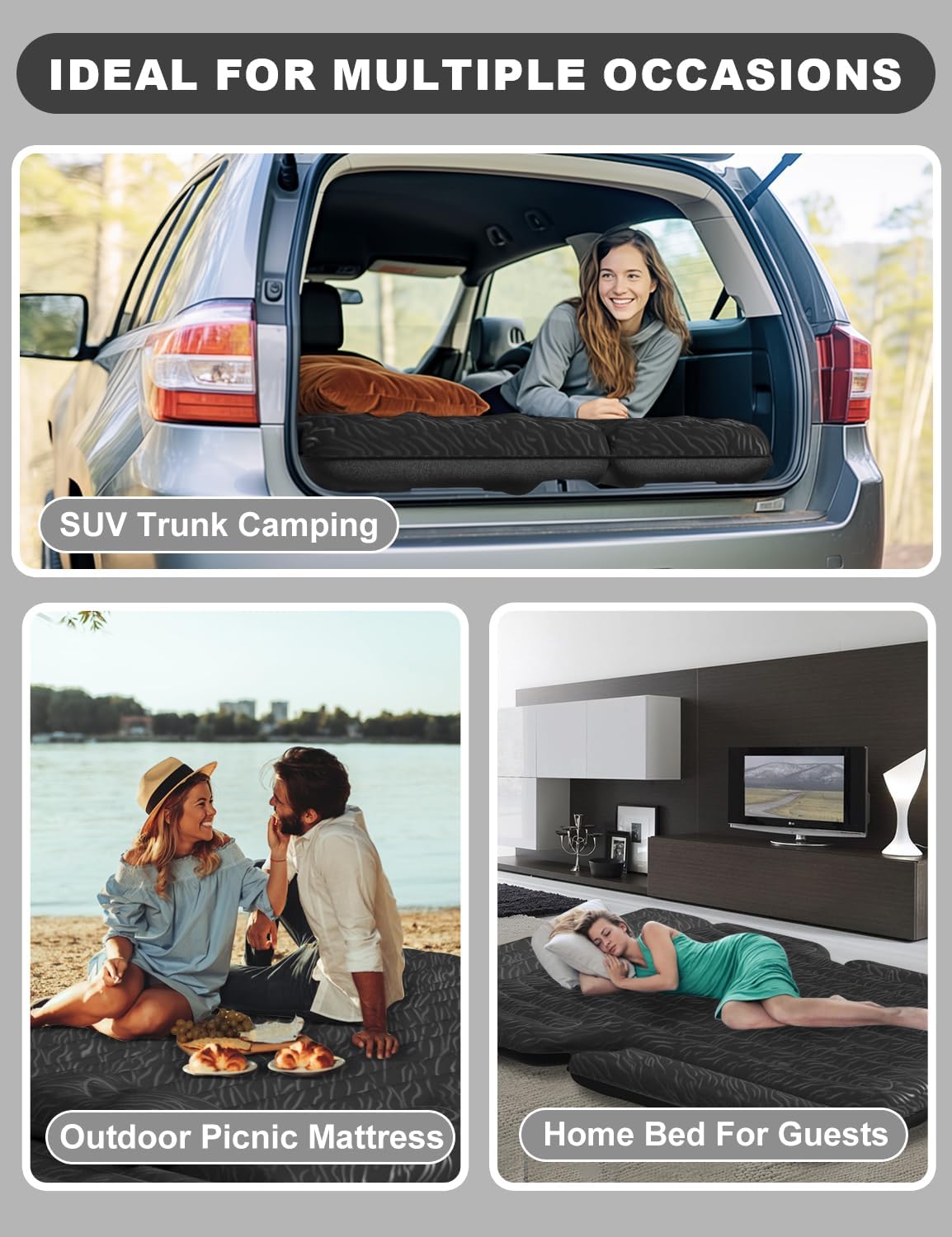 Umbrauto 63” Extended SUV Mattress Quick Inflate | Includes Pump & 2 Pillows | Grey