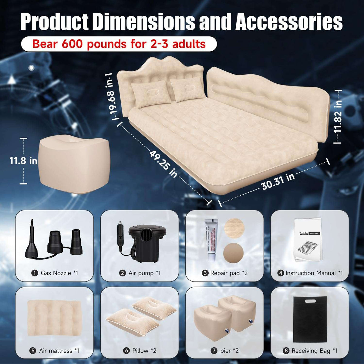 Thicken Backseat SUV/Car/Truck Air Mattress Air Bed Inflatable SUV Truck Mattress | 30.31” Width/Beige