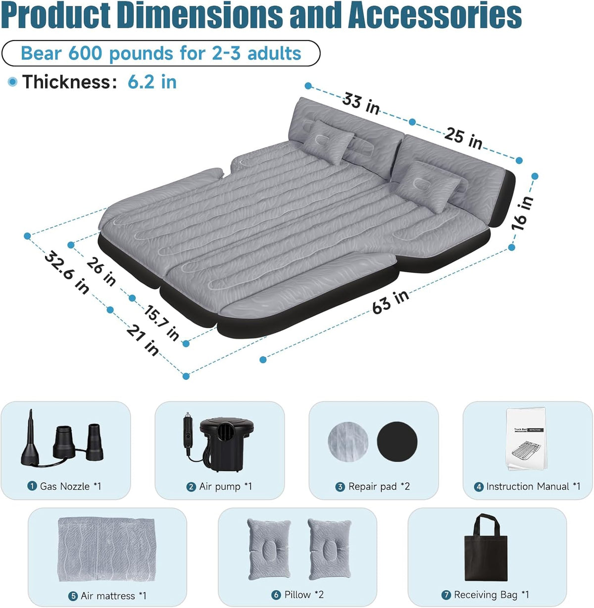 DikaSun 63” Extended SUV Mattress | Quick Inflate, Includes Pump & 2 Pillows | Grey