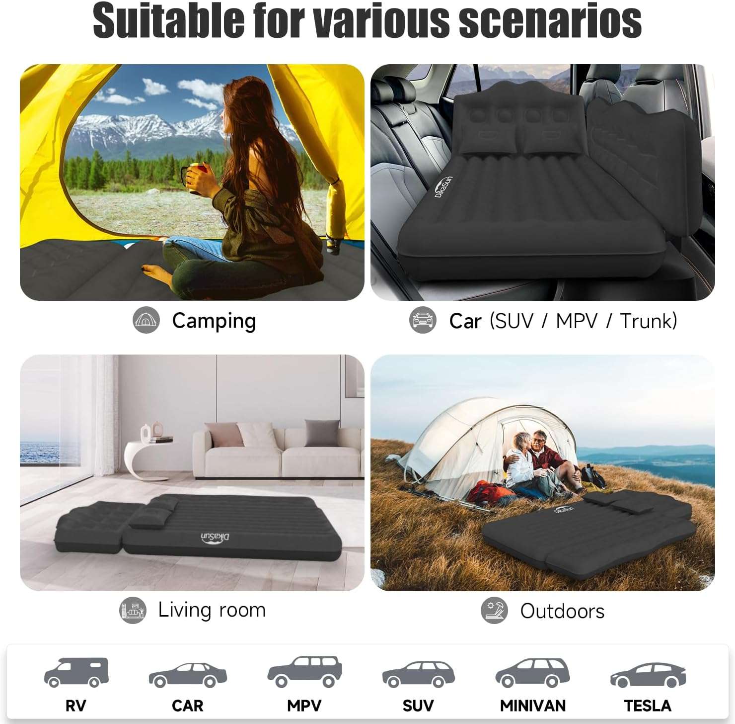 Thicken Backseat SUV/Car/Truck Air Mattress Air Bed Inflatable SUV Truck Mattress | 35.4” Width/Black