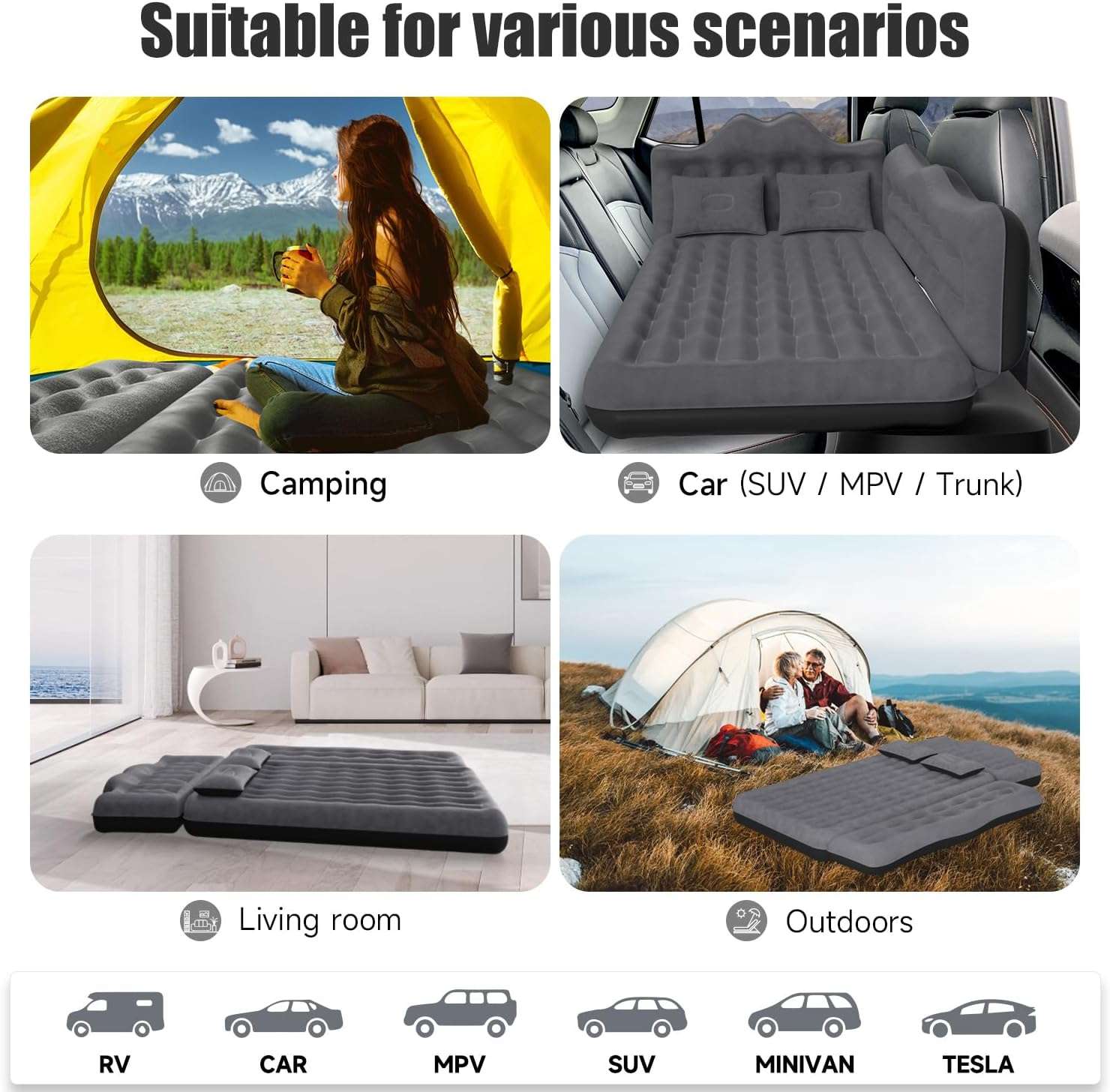 Thicken Backseat SUV/Car/Truck Air Mattress Bed | 30.31” Width/Black