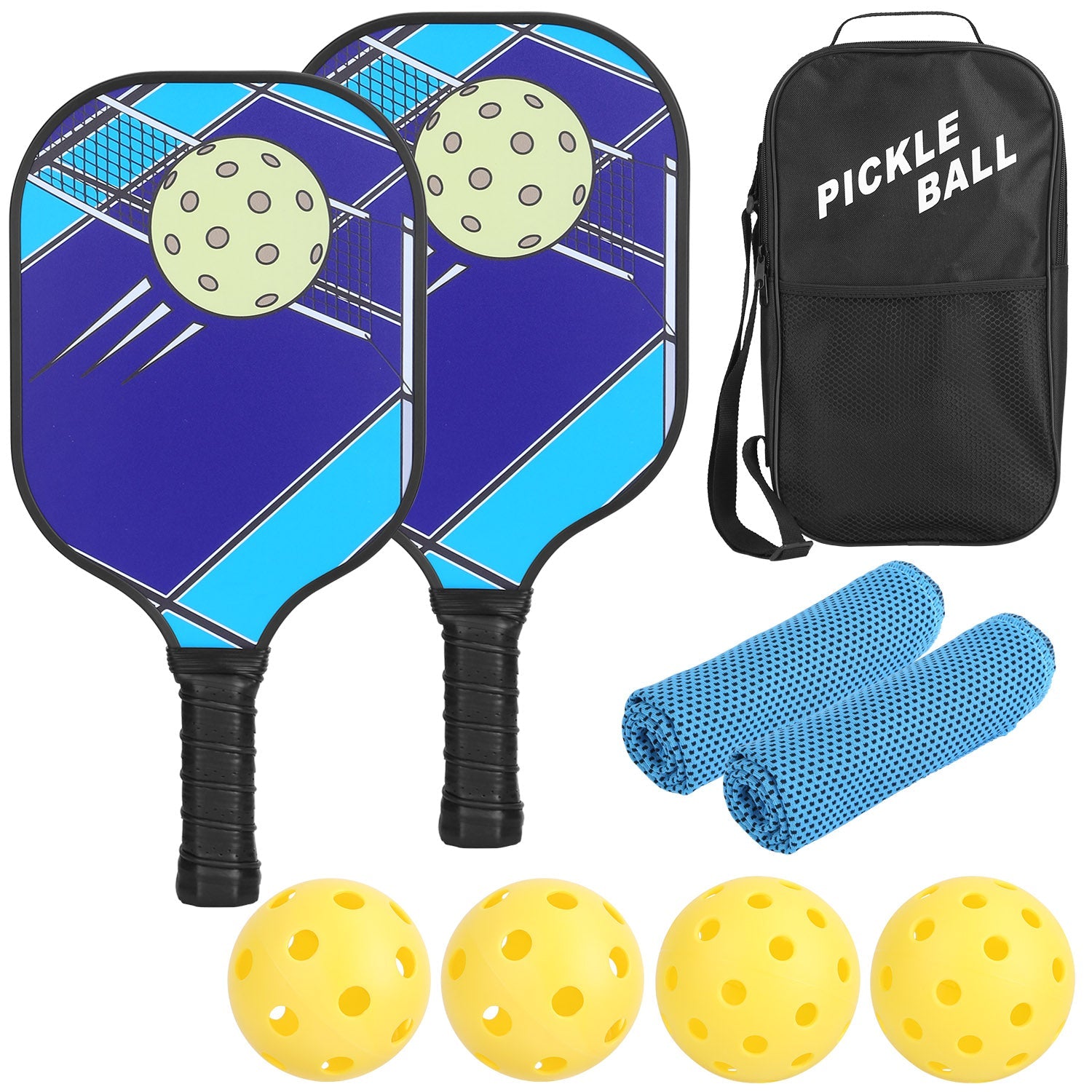 Pickleball Set (2 Fiberglass Paddles + 4 Balls + Portable Carry Bag + 2 Cooling Towel)
