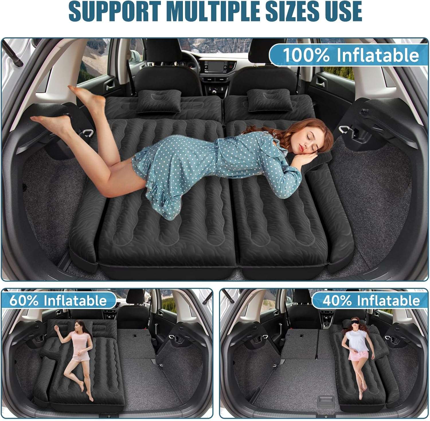 DikaSun 63” Extended SUV Mattress | Quick Inflate, Includes Pump & 2 Pillows | Black
