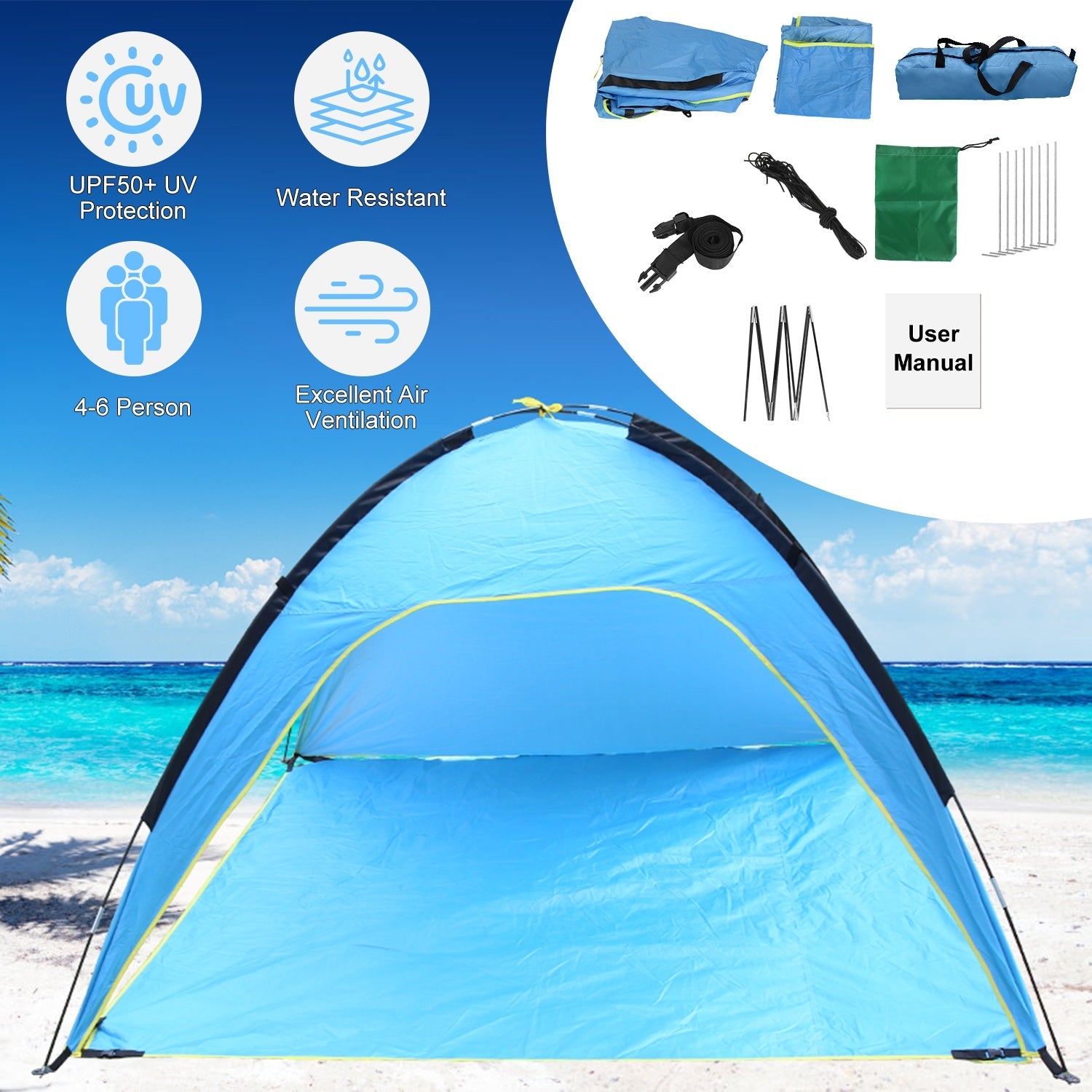 Outdoor Waterproof Tent Canopy 4-6 Person with 3-Door Openings UPF50+ | Beach Picnic Camping Hiking Adventure
