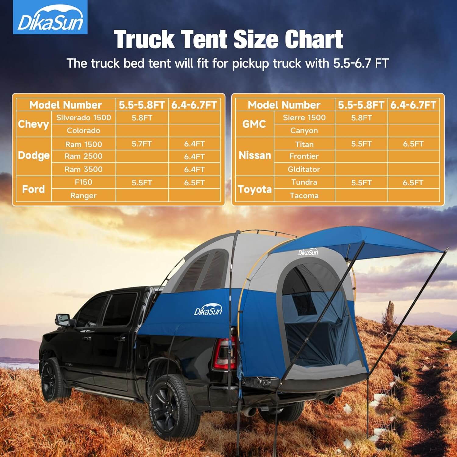 5.5-6.7ft Pickup Truck Bed Tent with Awning | Blue