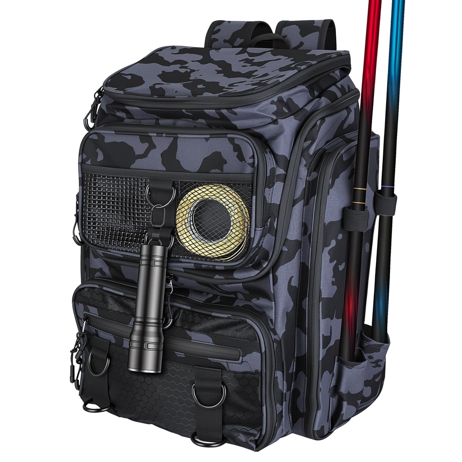 42L/11Gal Fishing Backpack Large Capacity with Rod Holders 16-Pocket WR with Divider Adjustable Padded Straps