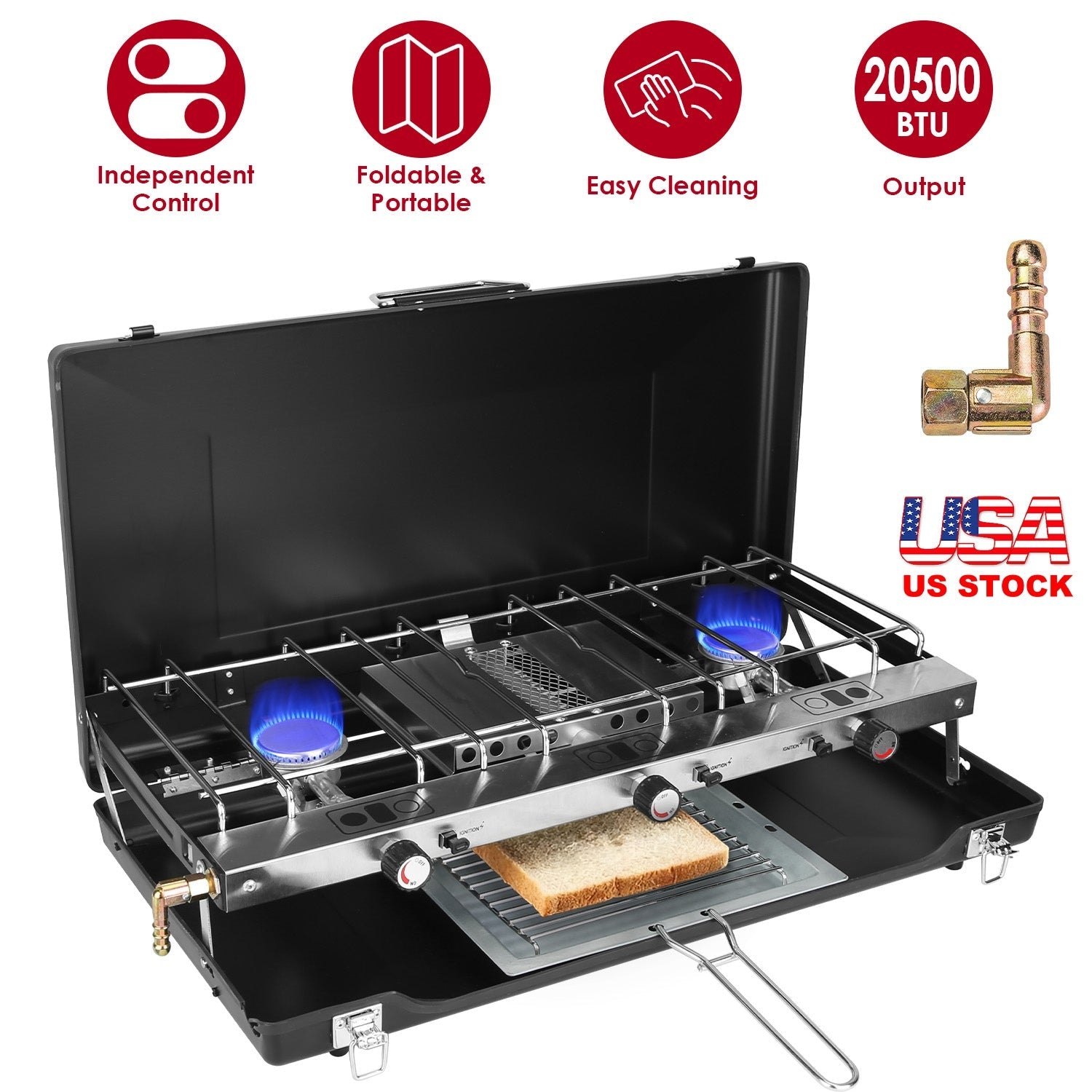 3-Burner Camping Stove 20000 BTU with Toast Tray | RV & Camping