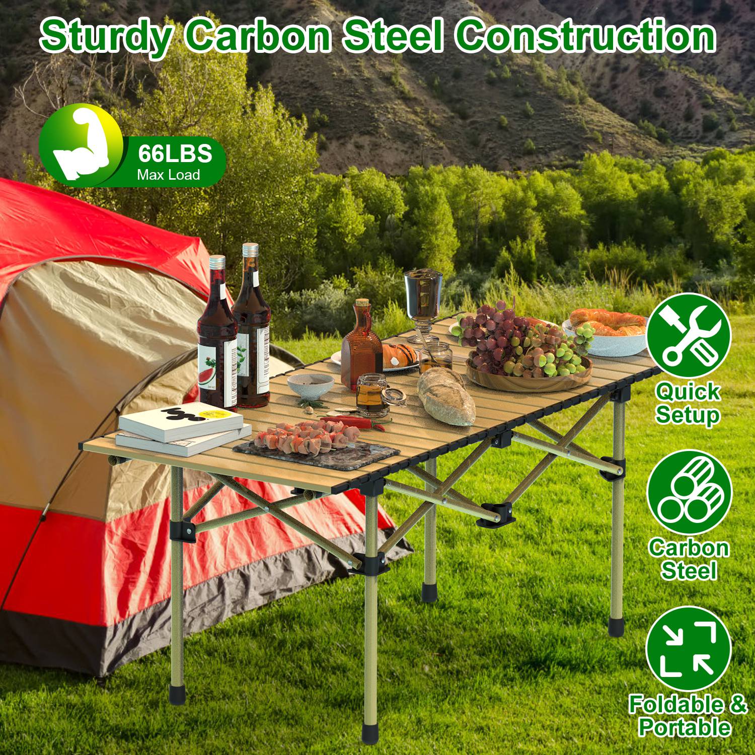 Folding Camping Carbon Steel Roll-Up Picnic & BBQ Table with Carry Bag
