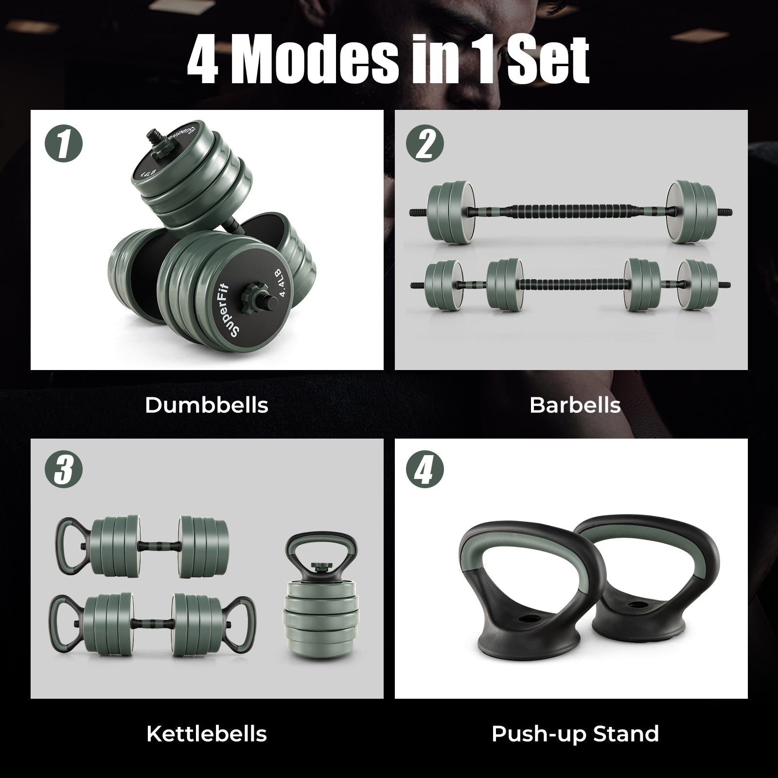 4-in-1 Adjustable Weight Dumbbell Set | Black