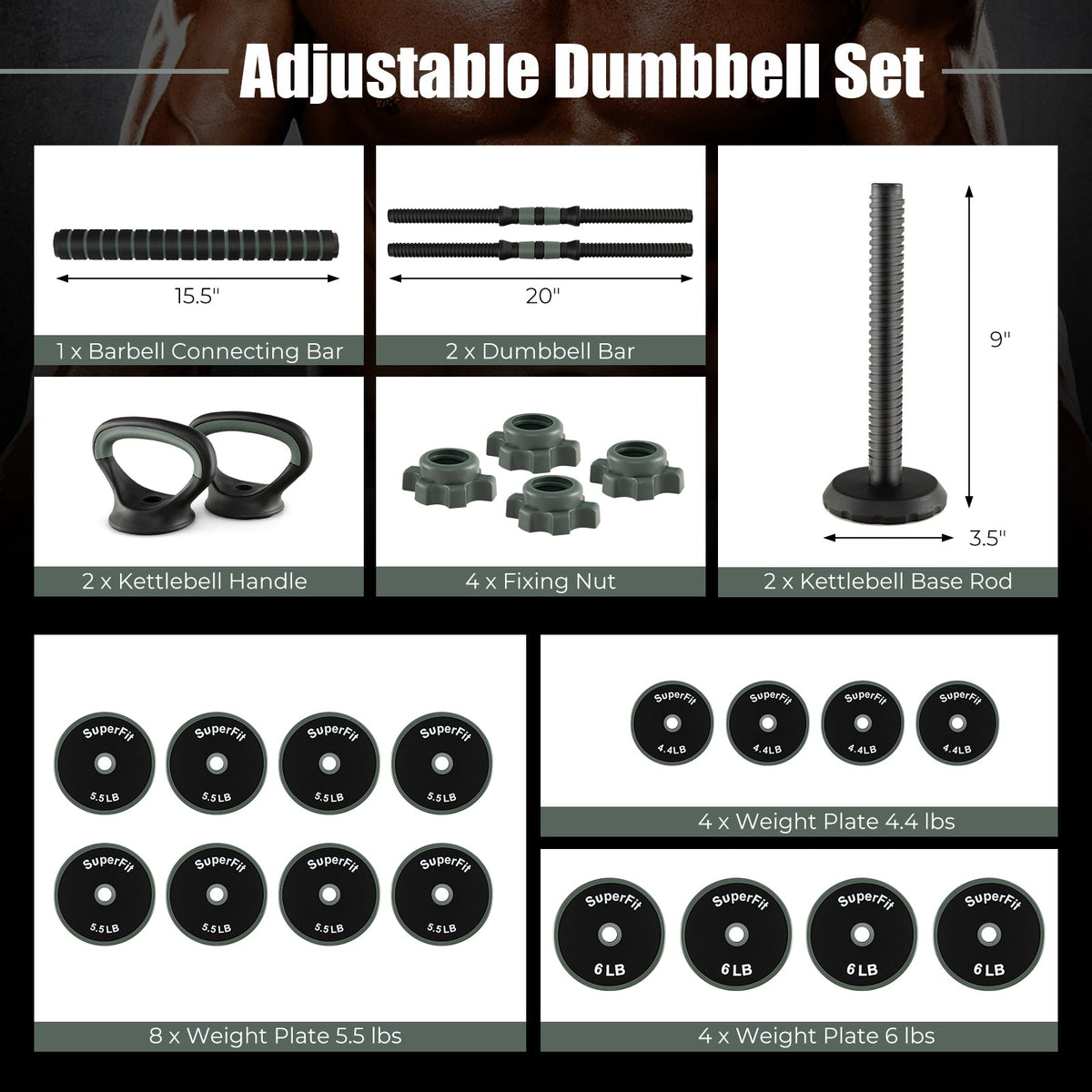 4-in-1 Adjustable Weight Dumbbell Set | Black