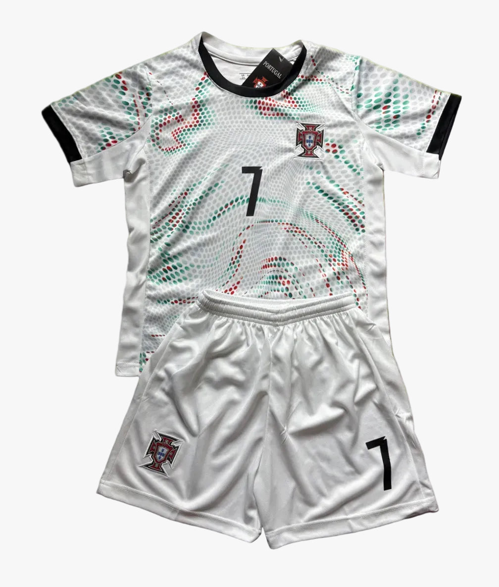Ronaldo Portugal 2025 Away White Kids Soccer Jersey Kit | 2 Piece Set