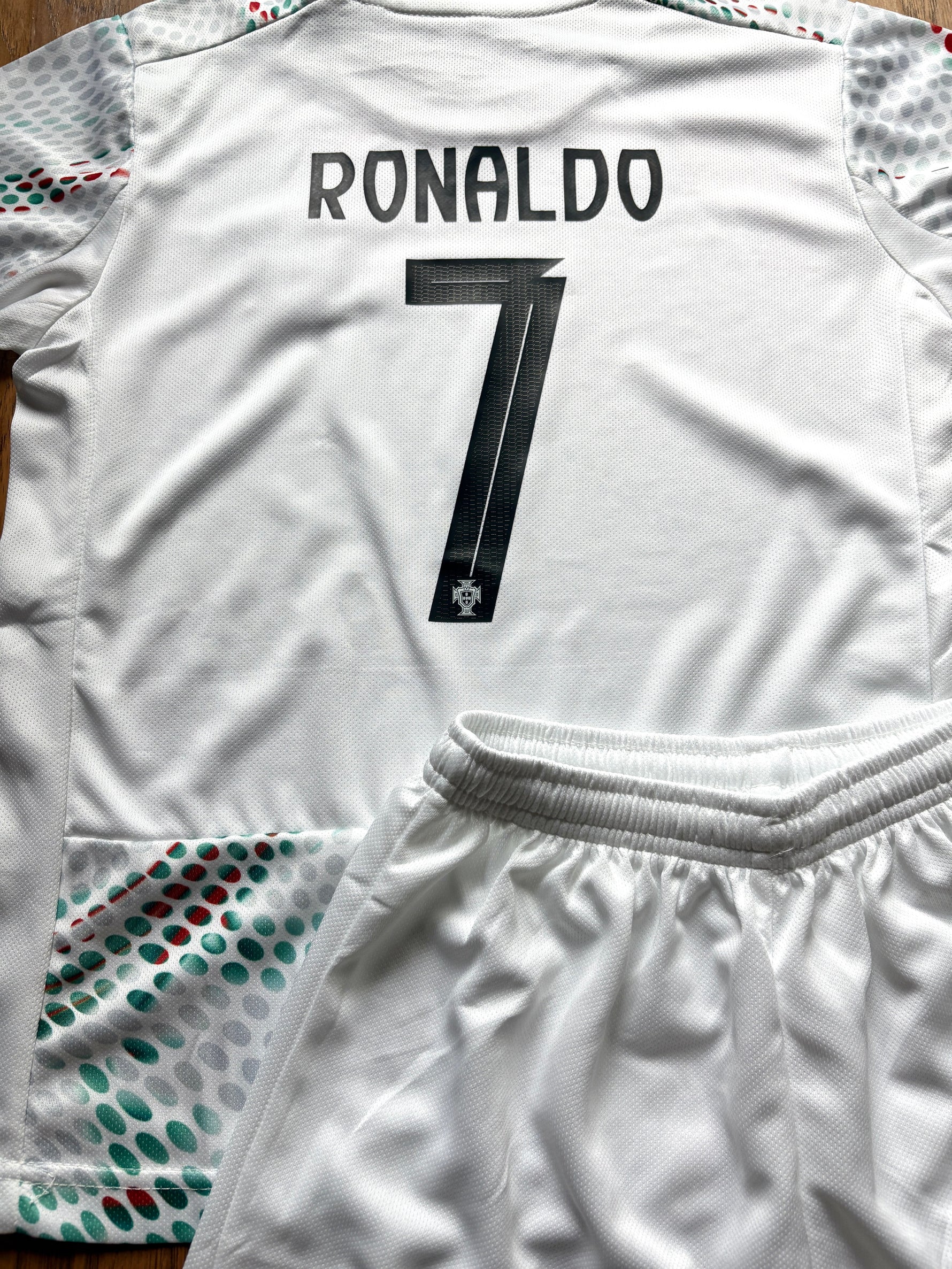 Ronaldo Portugal 2025 Away White Kids Soccer Jersey Kit | 2 Piece Set