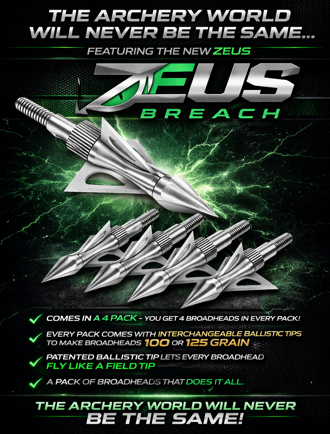 ZEUS BREACH BROADHEADS (4-PACK) | COMES WITH BOTH 100/125 GR TIPS