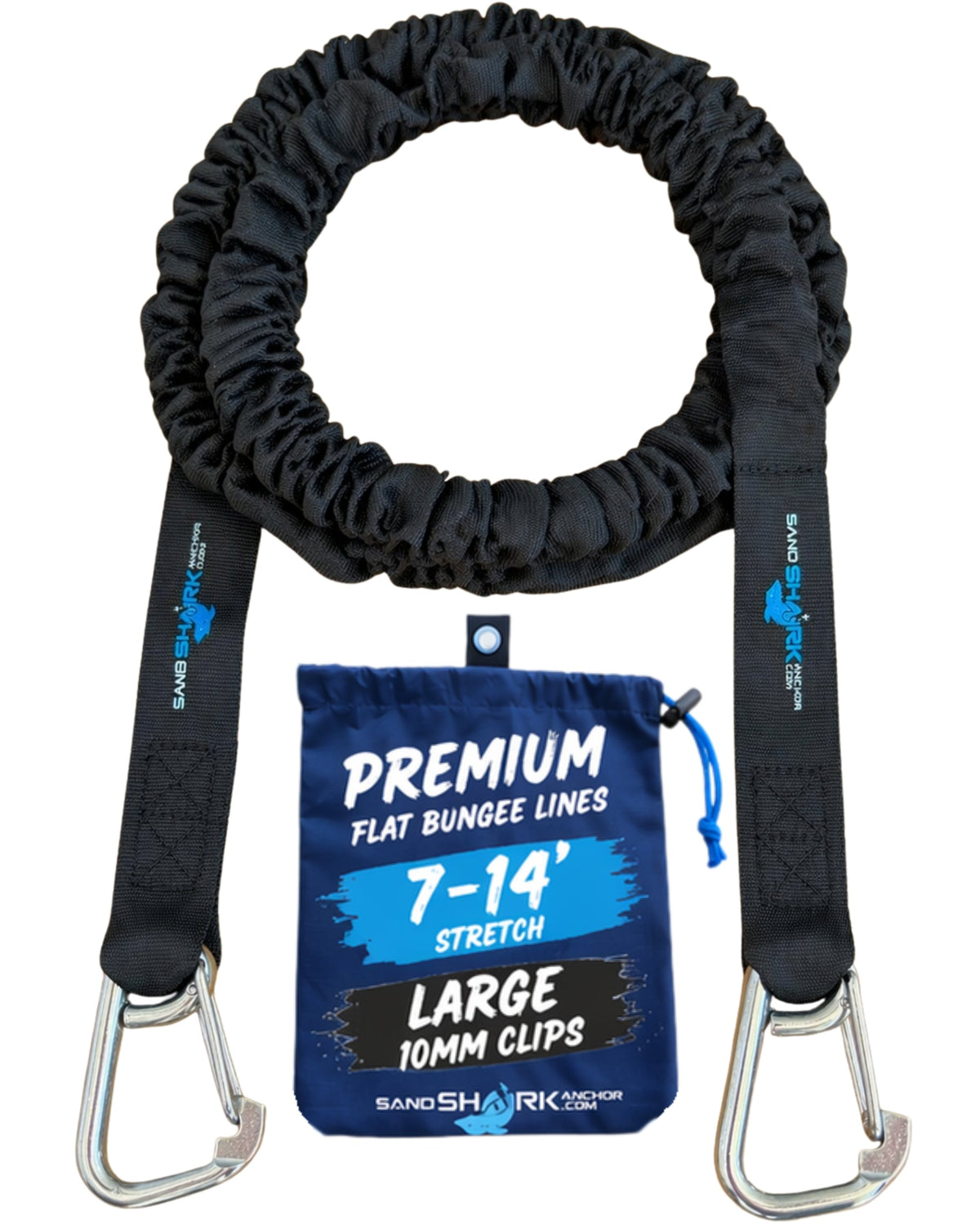 SandShark Premium Flat Bungee Line| Stretches 7-14'. Anchor and Dock Line for Boats, Jet Skis, and Pontoons.