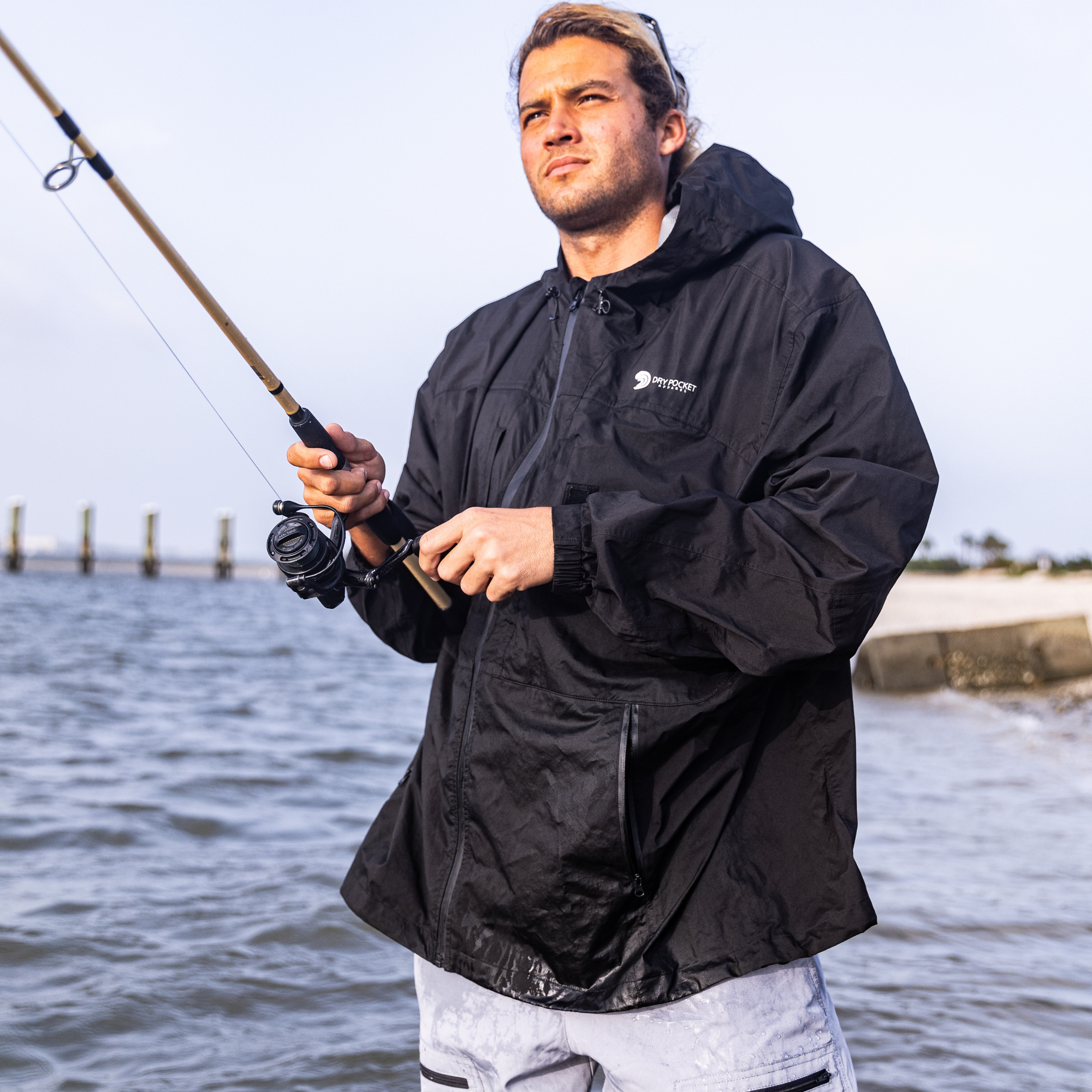 Black Fin Waterproof Rain Jacket with Waterproof Pocket