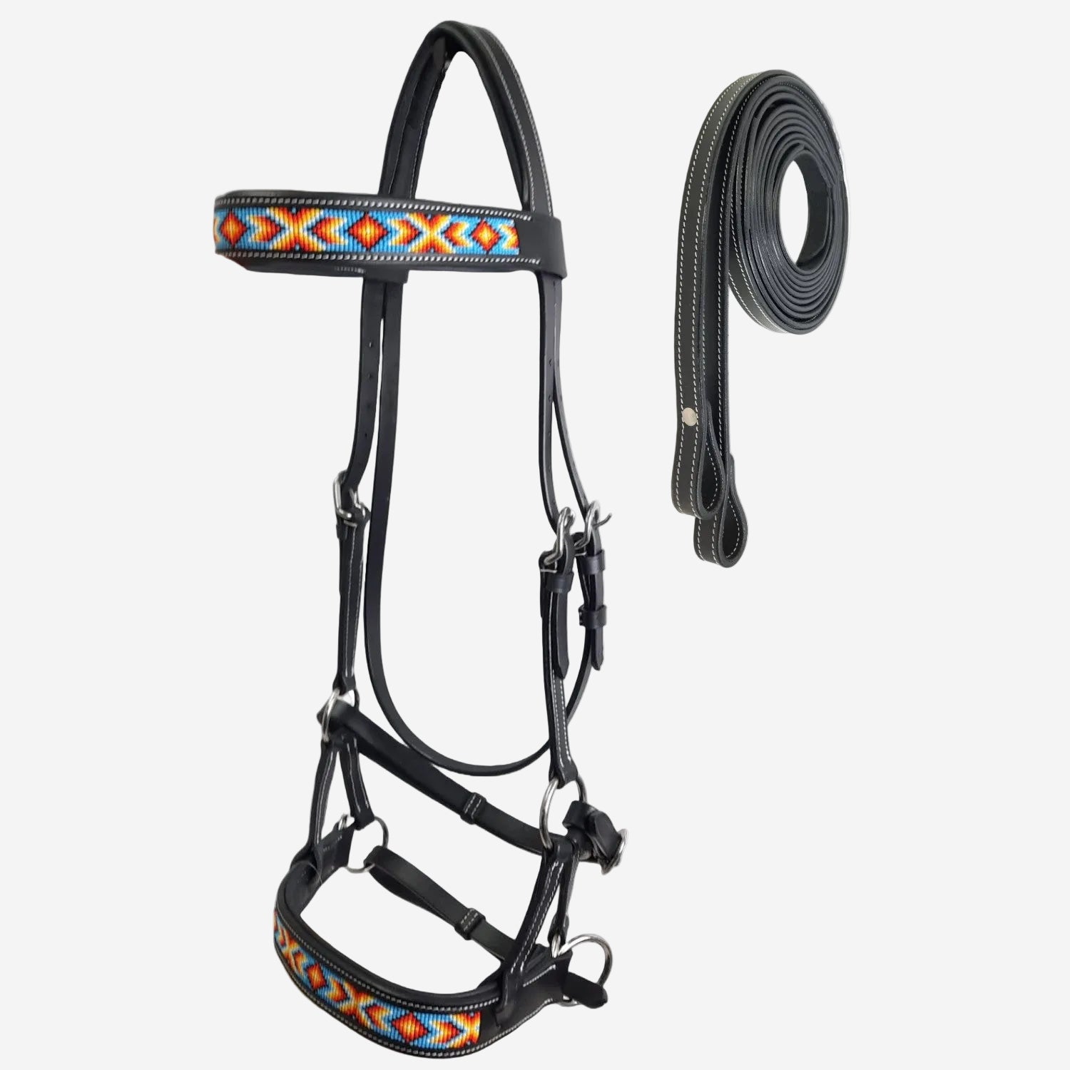 Tahoe Bitless Leather Horse Bridle | Turquoise Navajo Beaded Browband & Noseband with Split Reins