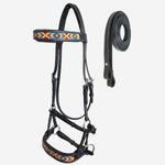 Tahoe Bitless Leather Horse Bridle | Turquoise Navajo Beaded Browband & Noseband with Split Reins