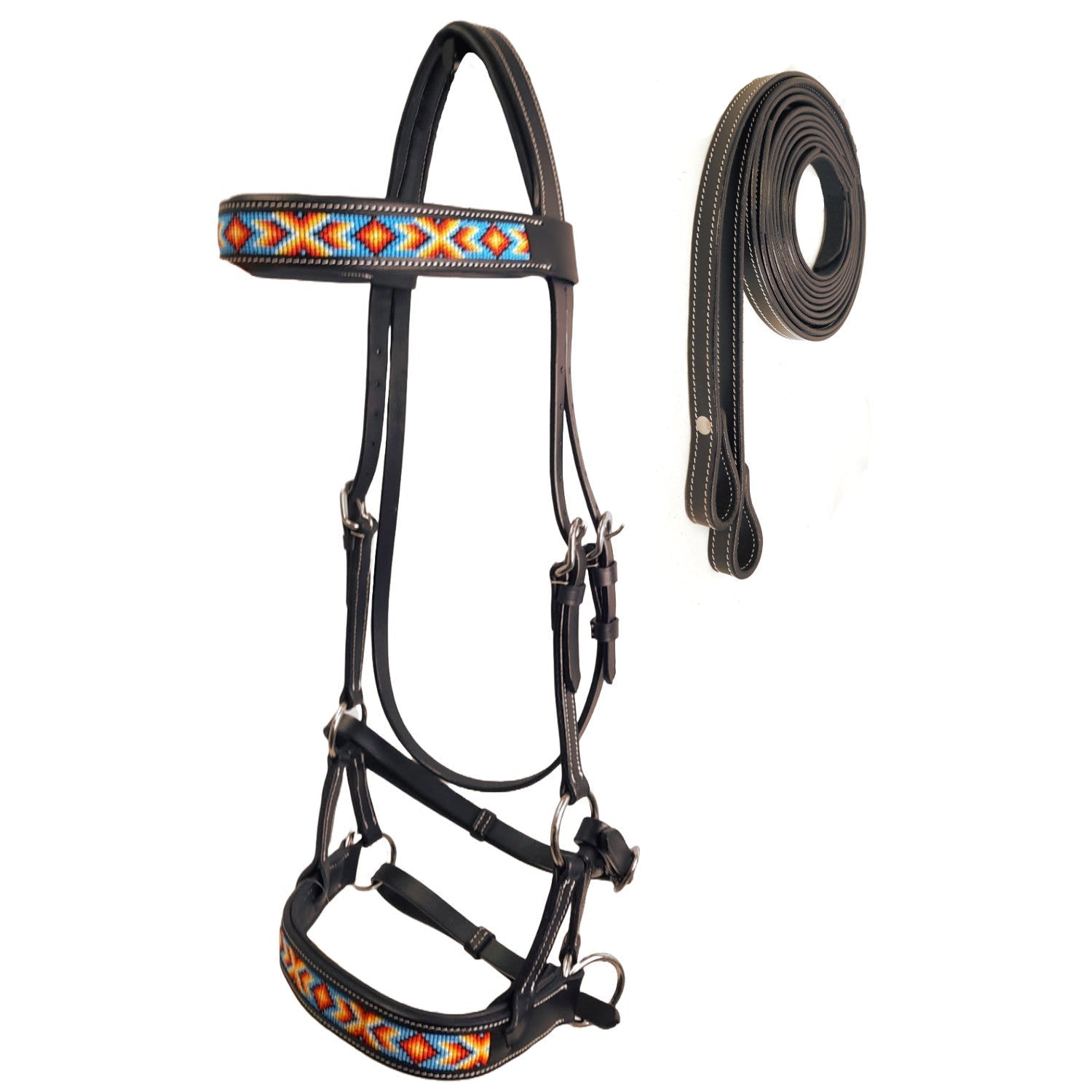 Tahoe Bitless Leather Horse Bridle | Turquoise Navajo Beaded Browband & Noseband with Split Reins