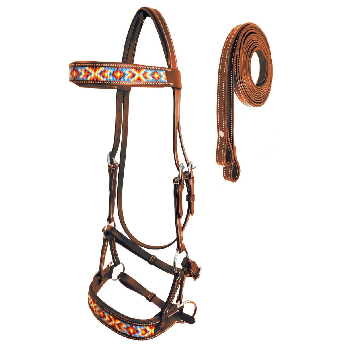 Tahoe Bitless Leather Horse Bridle | Turquoise Navajo Beaded Browband & Noseband with Split Reins