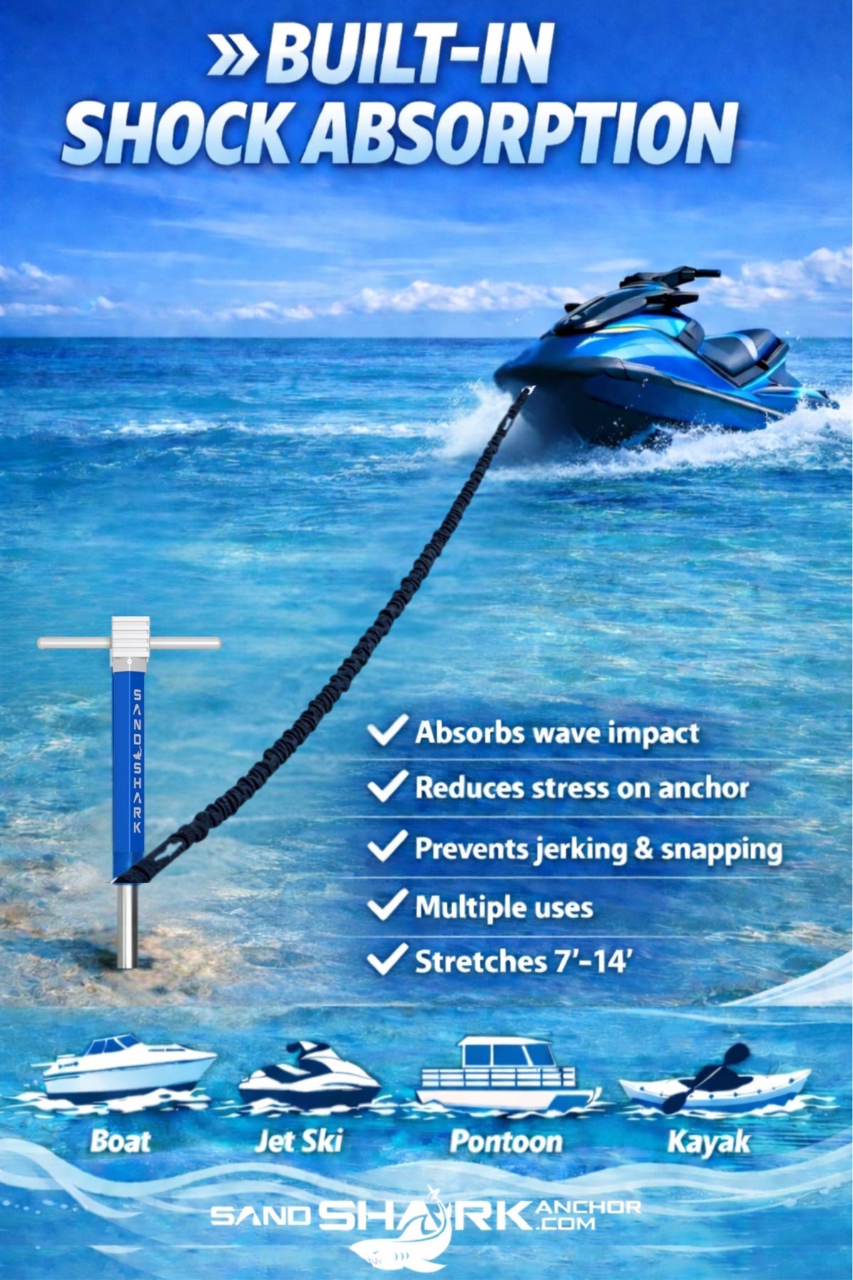 SandShark Premium Flat Bungee Line| Stretches 7-14'. Anchor and Dock Line for Boats, Jet Skis, and Pontoons.