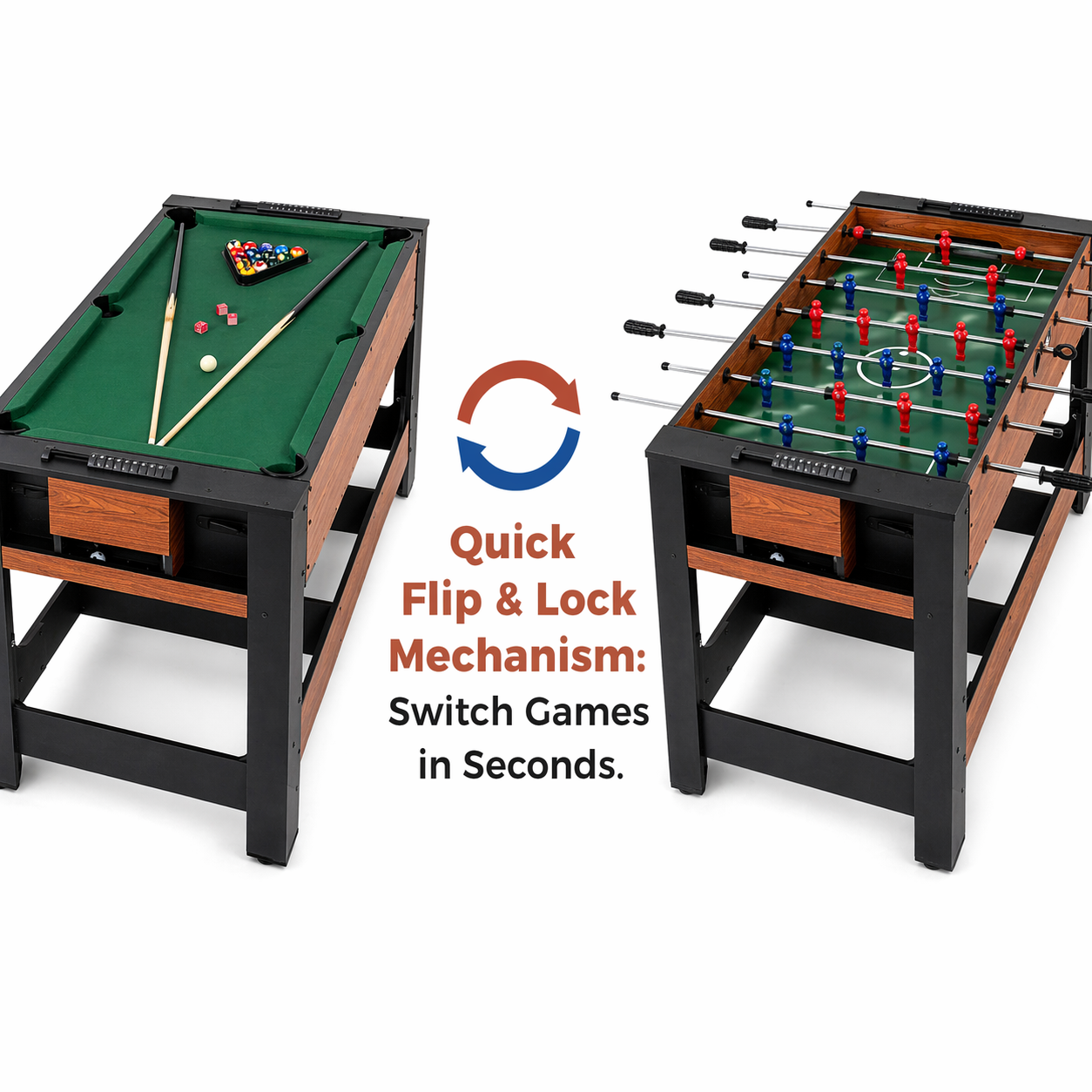 2-in-1 Full Size Foosball and Pool Combo Table with Legs | Black & Brown