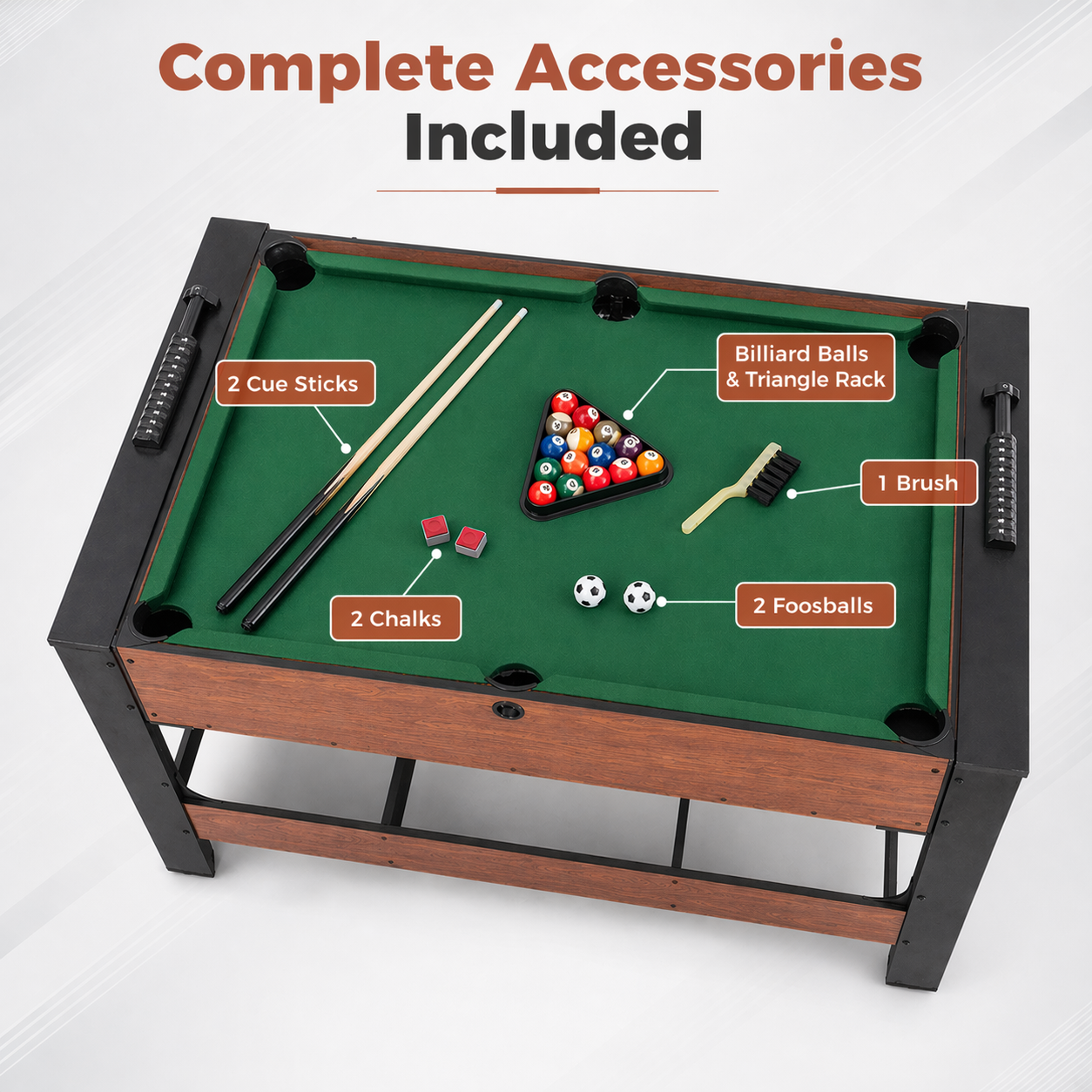2-in-1 Full Size Foosball and Pool Combo Table with Legs | Black & Brown