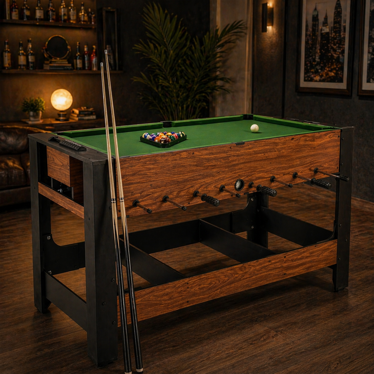 2-in-1 Full Size Foosball and Pool Combo Table with Legs | Black & Brown