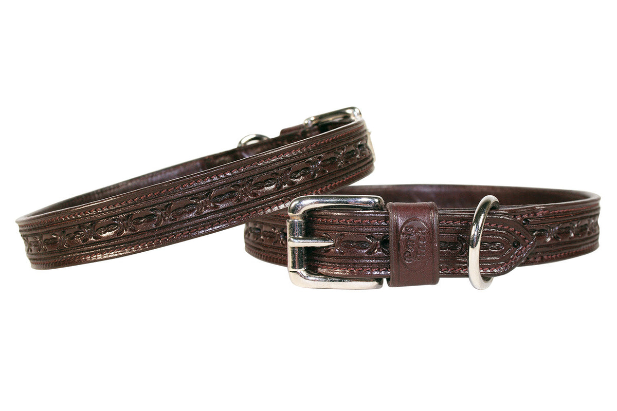 Derby Dog Designer Series Tooled USA Leather Padded Barbwire Dog Collar W1"