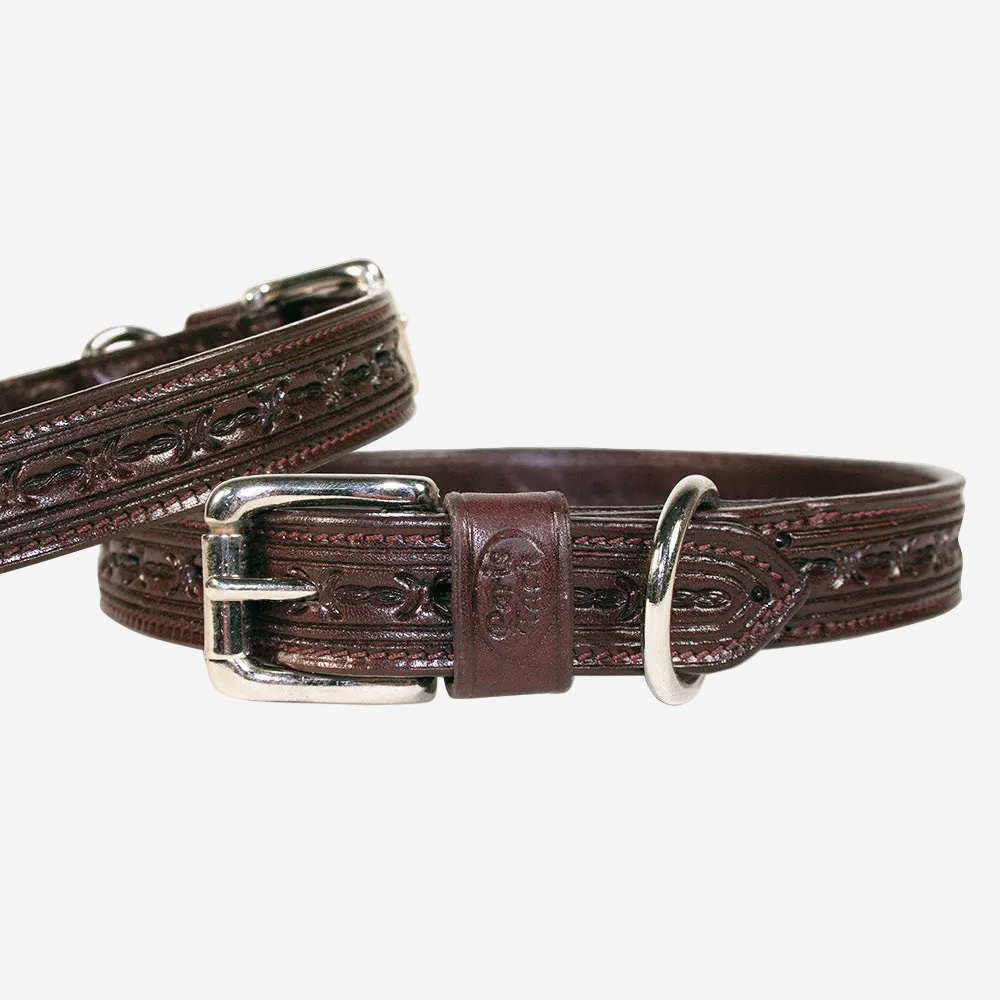 Derby Dog Designer Series Tooled USA Leather Padded Barbwire Dog Collar W1"