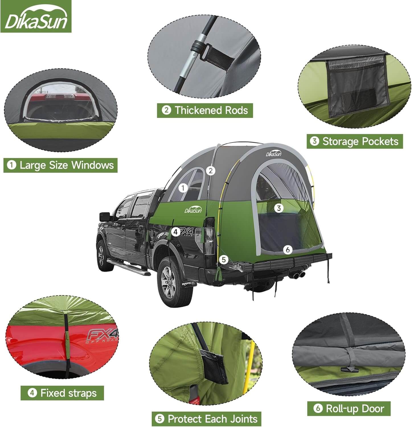 5.5-6.7ft Portable Pickup Truck Bed Tent | Green