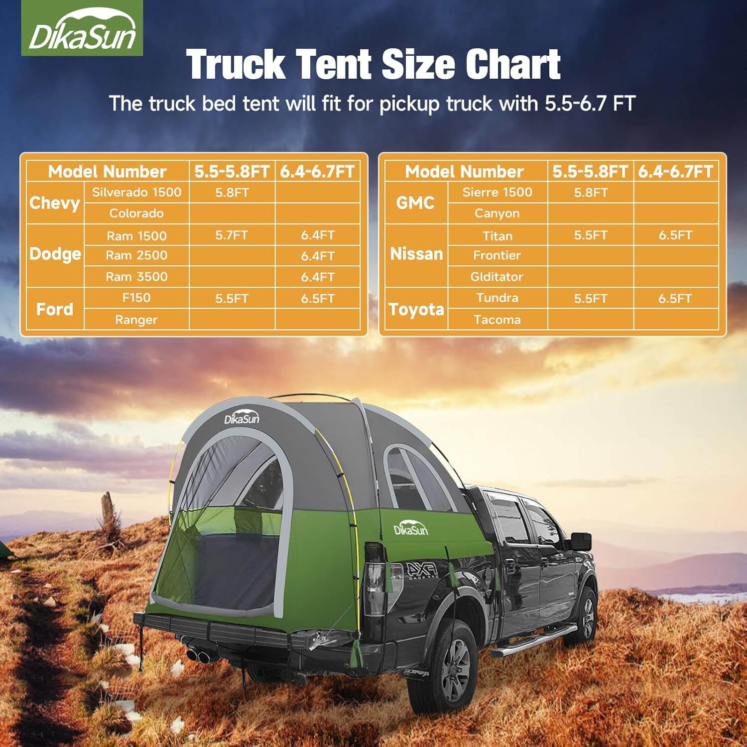 5.5-6.7ft Portable Pickup Truck Bed Tent | Green