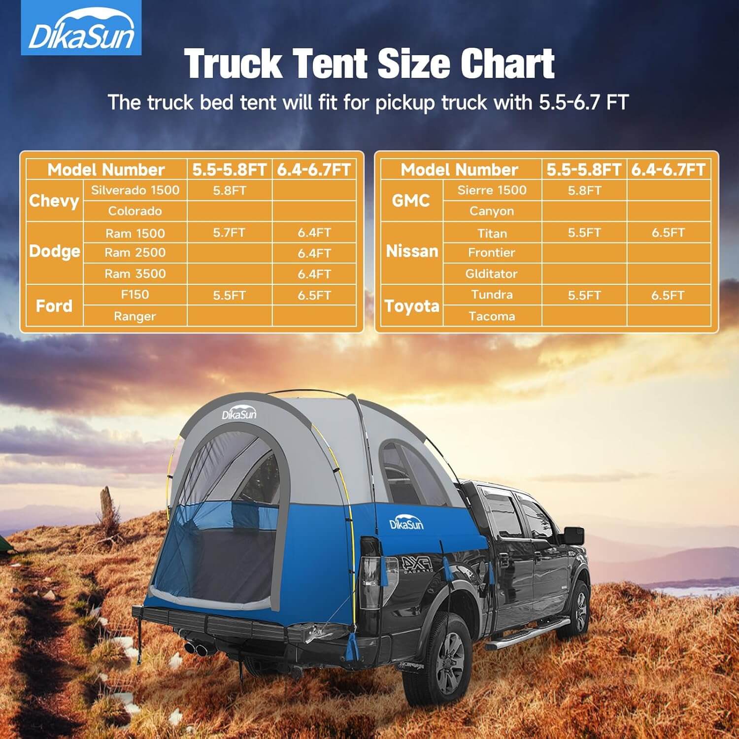 5.5-6.7ft Portable Pickup Truck Bed Tent | Blue